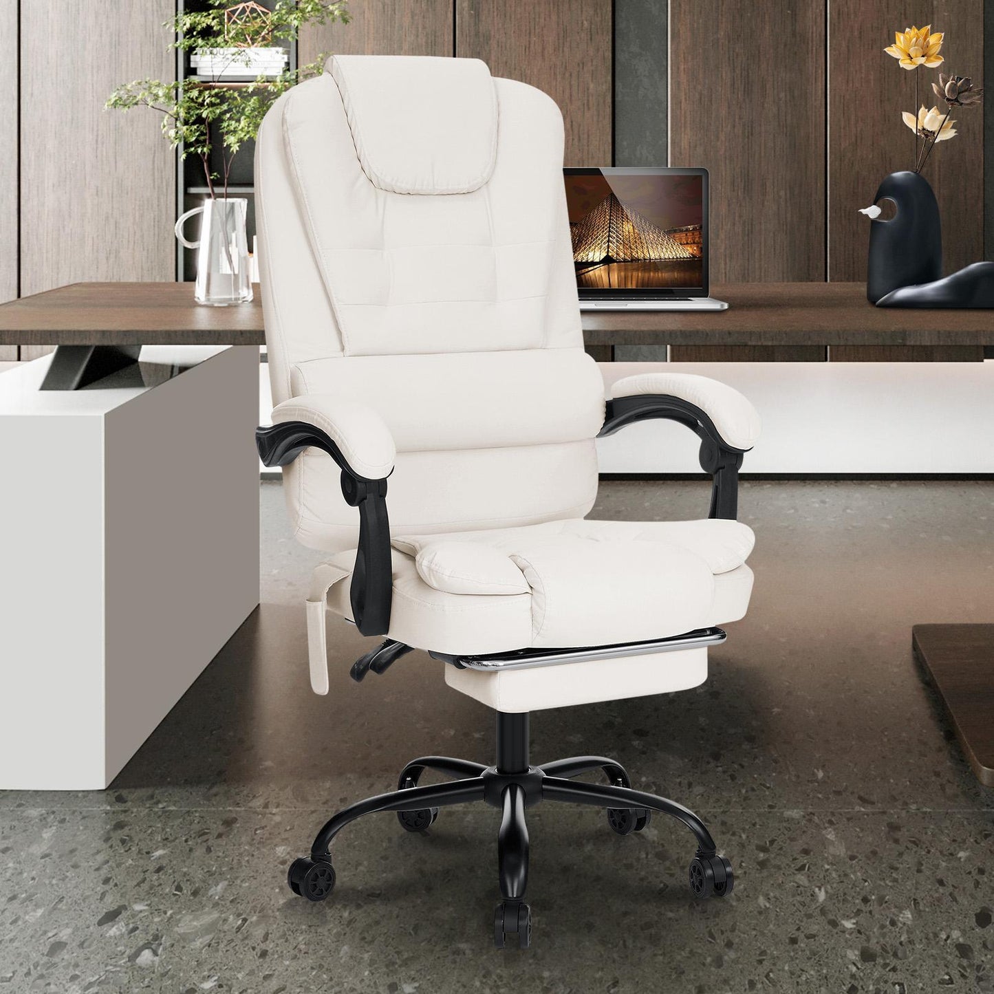 Executive Office Chair with 7 Points Massage Reclining Office Chair with Footrest High Back Ergonomic Computer Desk Chairs Soft Faux Leather for Home Office