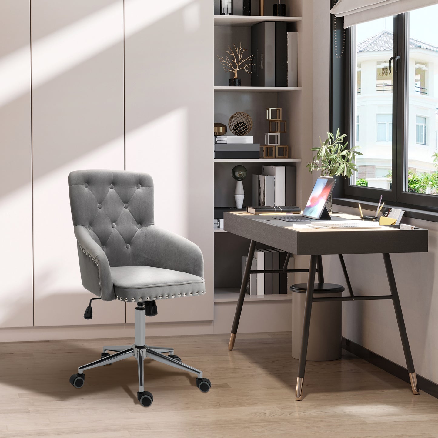 HOMCOM Modern Mid-back Desk Chair with Button Tufted Velvet Back, Nailhead Trim, Swivel Home Office Chair with Adjustable Height, Curved Padded Armrests, Black
