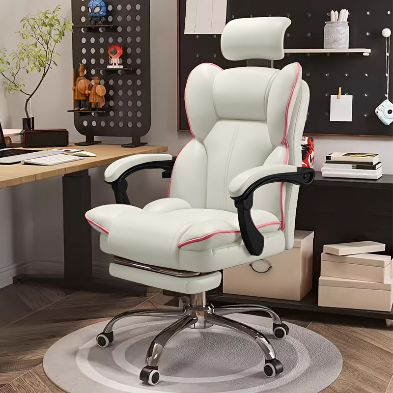 Ergonomic Big & Tall Office Chair - High Back Gaming Chair with Adjustable Height, Swivel Base, Lumbar Support & Foot Rest - White with Pink Accents, Metal Frame, Memory Foam Cushion for Comfort, Desk Chair