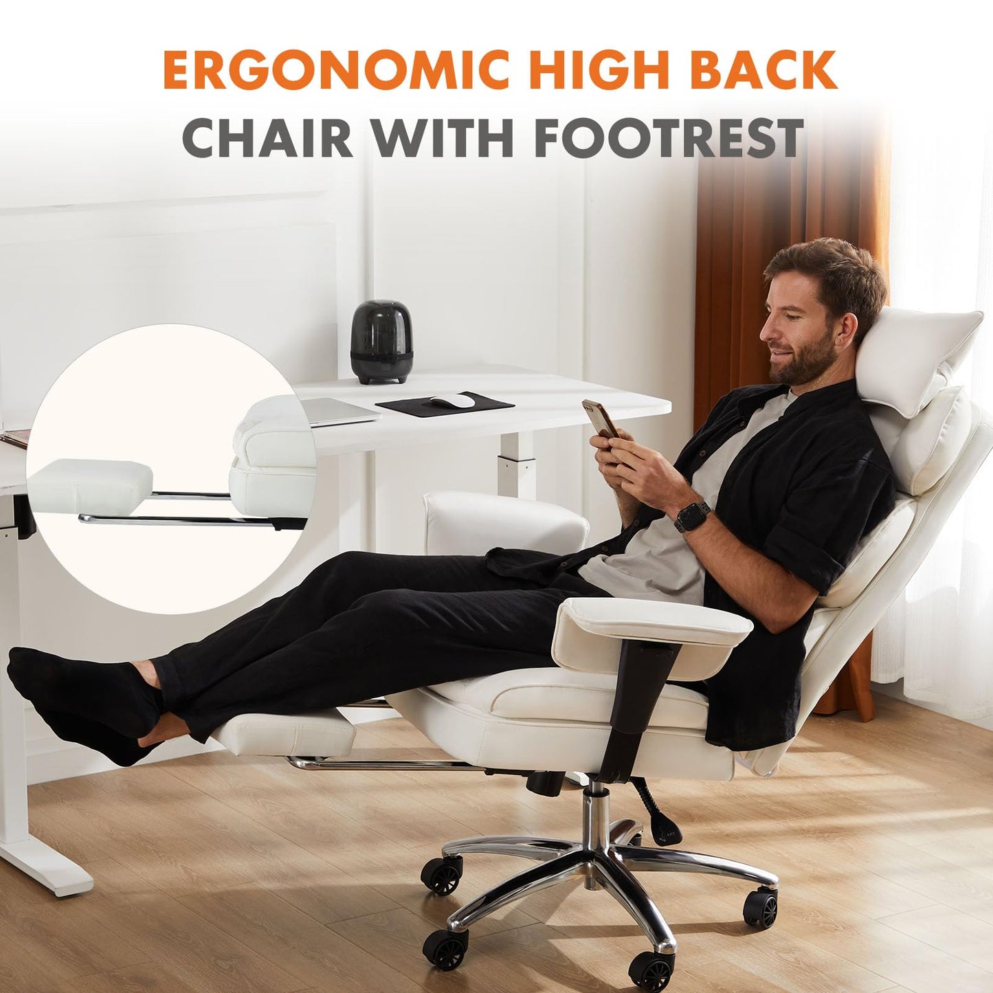 Home Office High Back Reclining Desk Chair with Footrest, Big and Tall Adjustable Height PU Leather Executive Computer Task Chair with Leg Rest and Lumbar Support, Armrest, White, Brown, Black