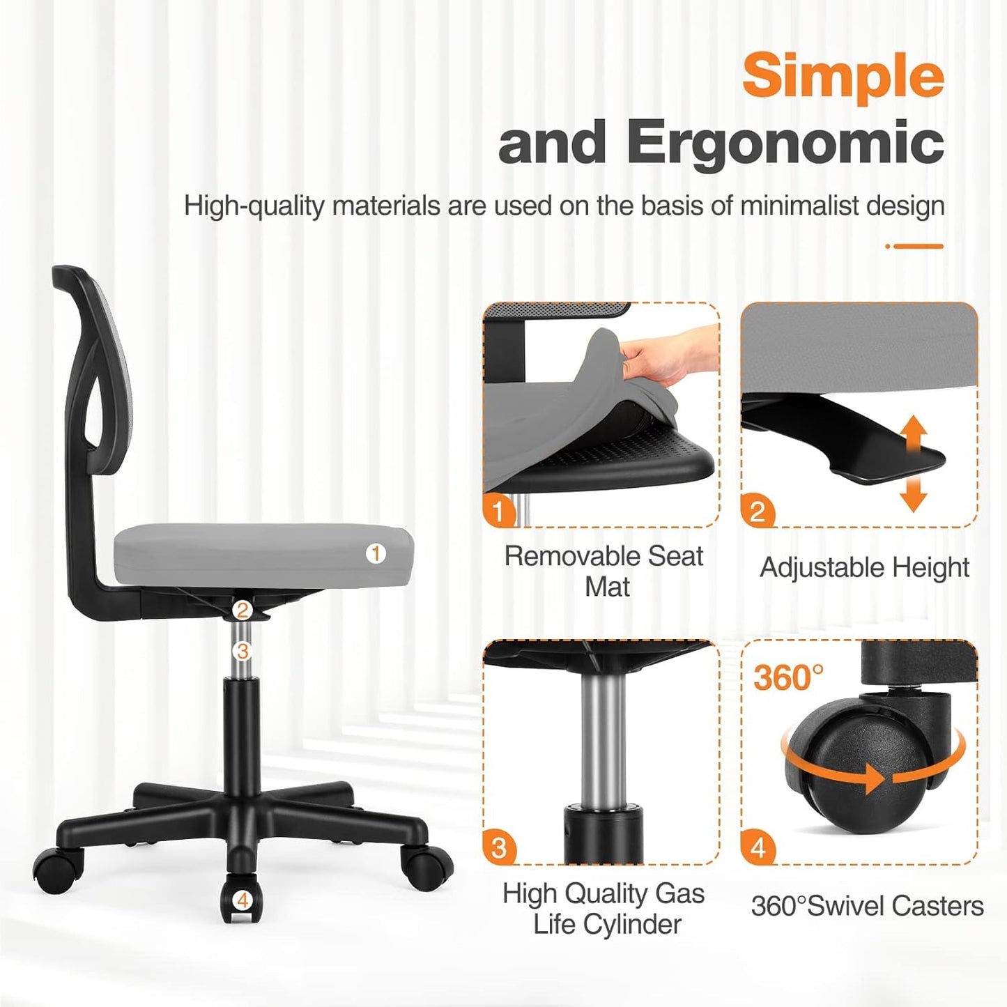 1pc Low Back Mesh Armless Office Chair, Swivel Rolling Armless Computer Chair with Lumbar Support, Can be Purchased Individually or in Combination