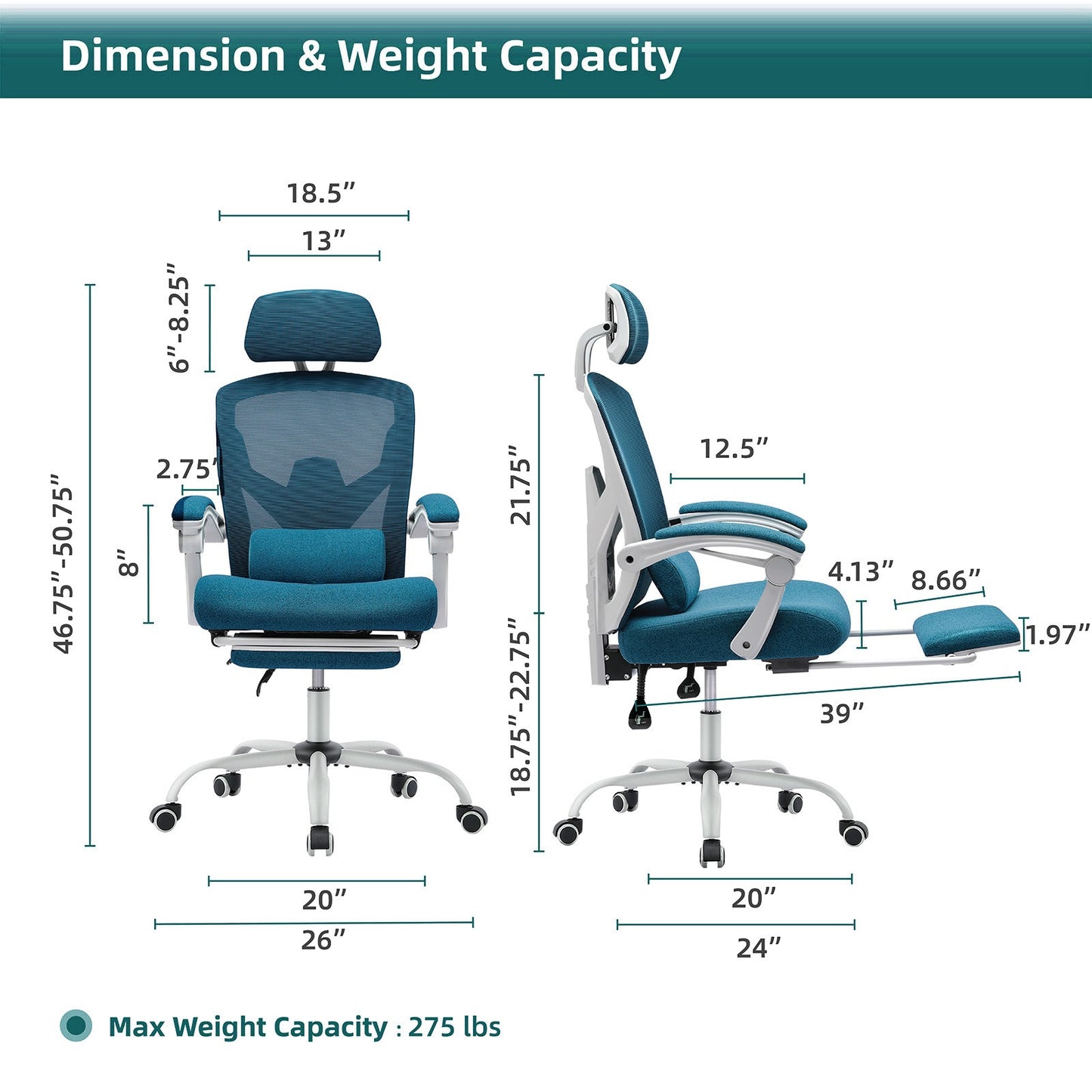Home Office Desk Chair with Footrest and Headrest, High-Back Mesh Rolling Swivel Reclining Chairs with Wheels, Comfortable Headrest, Lumbar Support, Comfy Arms for Home, Office, Gaming, Student