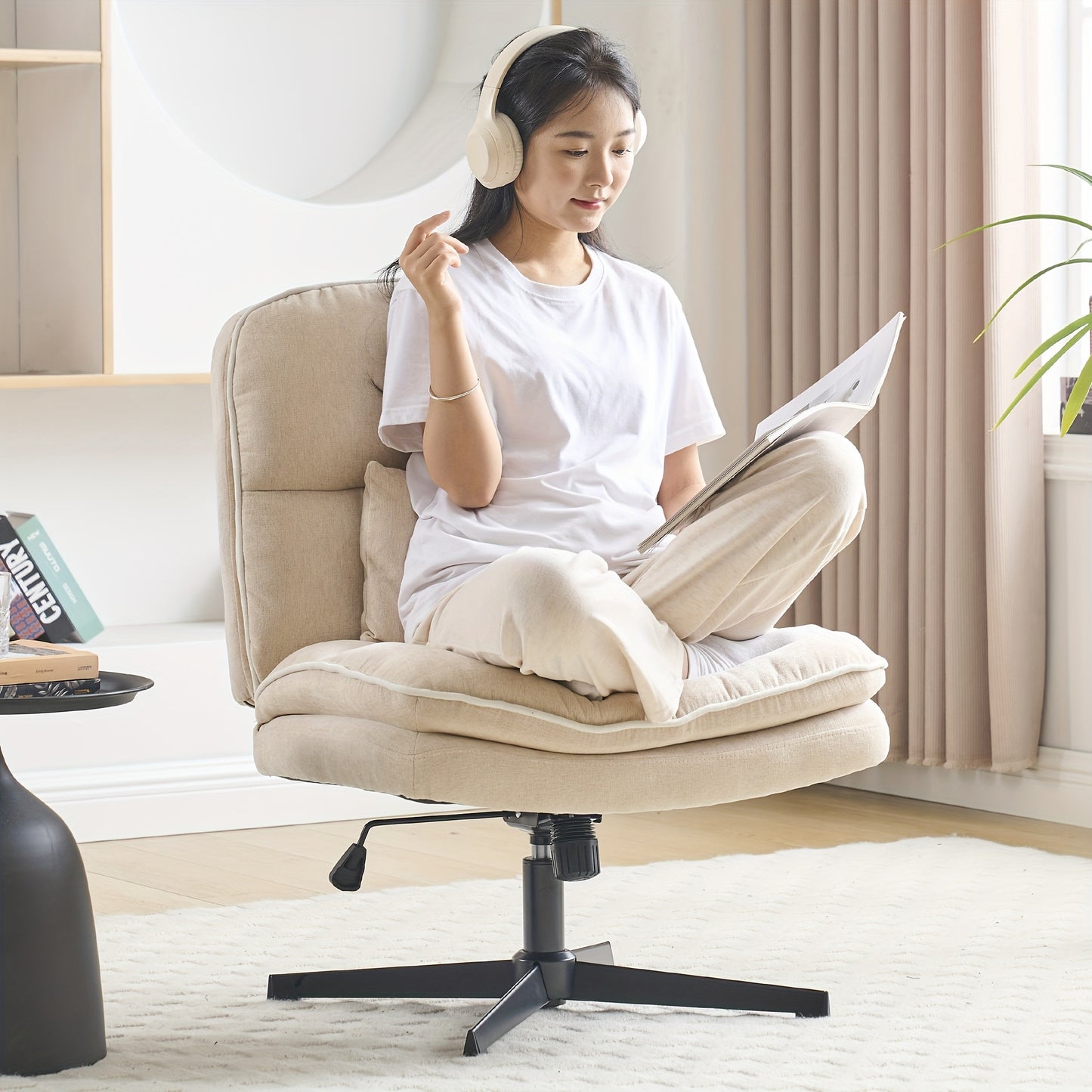 Armless Office Chair, Criss Cross Legged Desk Chair With Wheels, Modern Home Office Desk Chair With Thickened Cushion, Height Adjustable Swivel Fabric Computer Chair