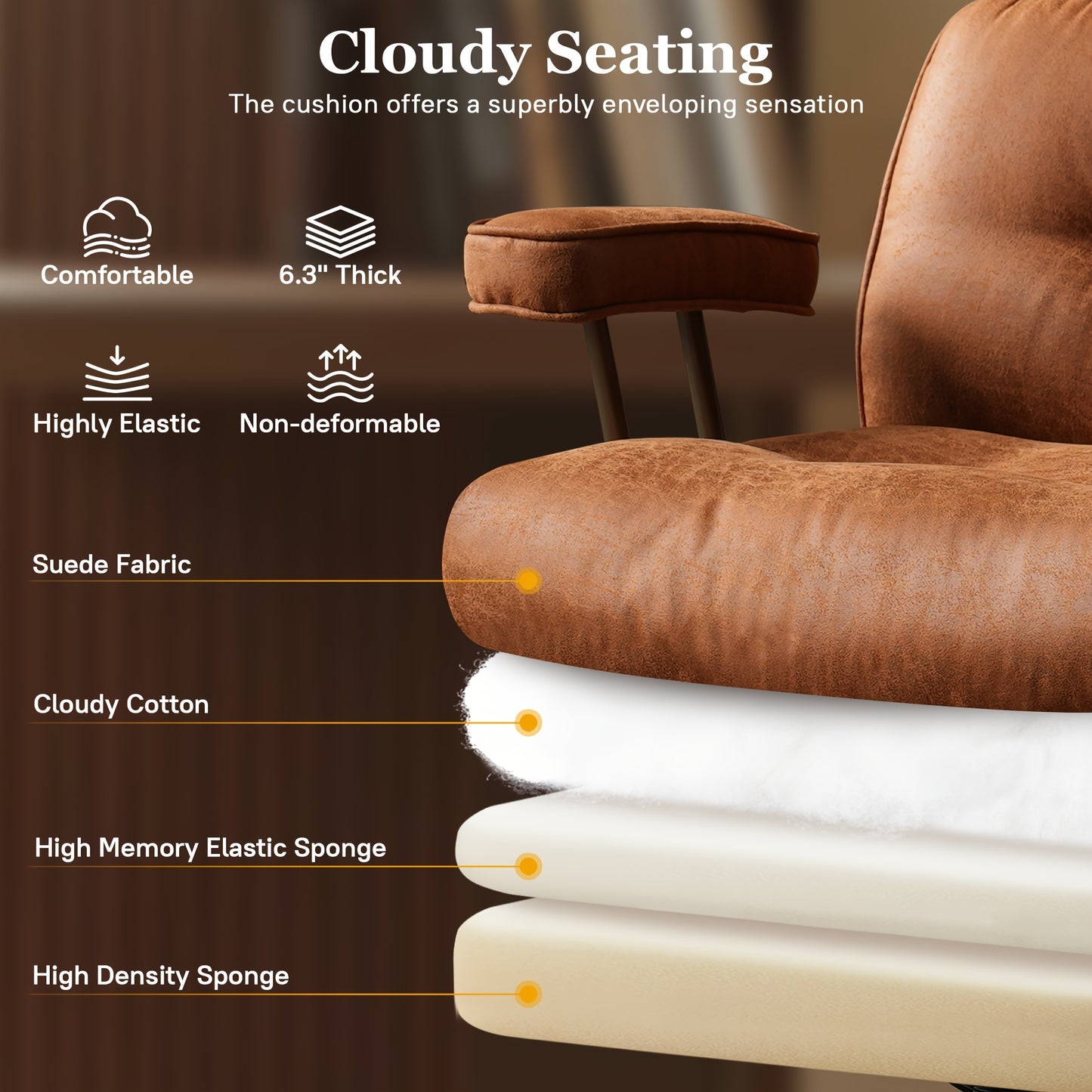 Elegant Style | Ergonomic Mid-Century Modern Suede Office Chair, High Back Adjustable Desk Chair with Padded Armrests and Lumbar Support, Stylish Executive Chair for Home Office, Brown Faux Leather-Like Finish with Metal Frame, HOOOWOOO