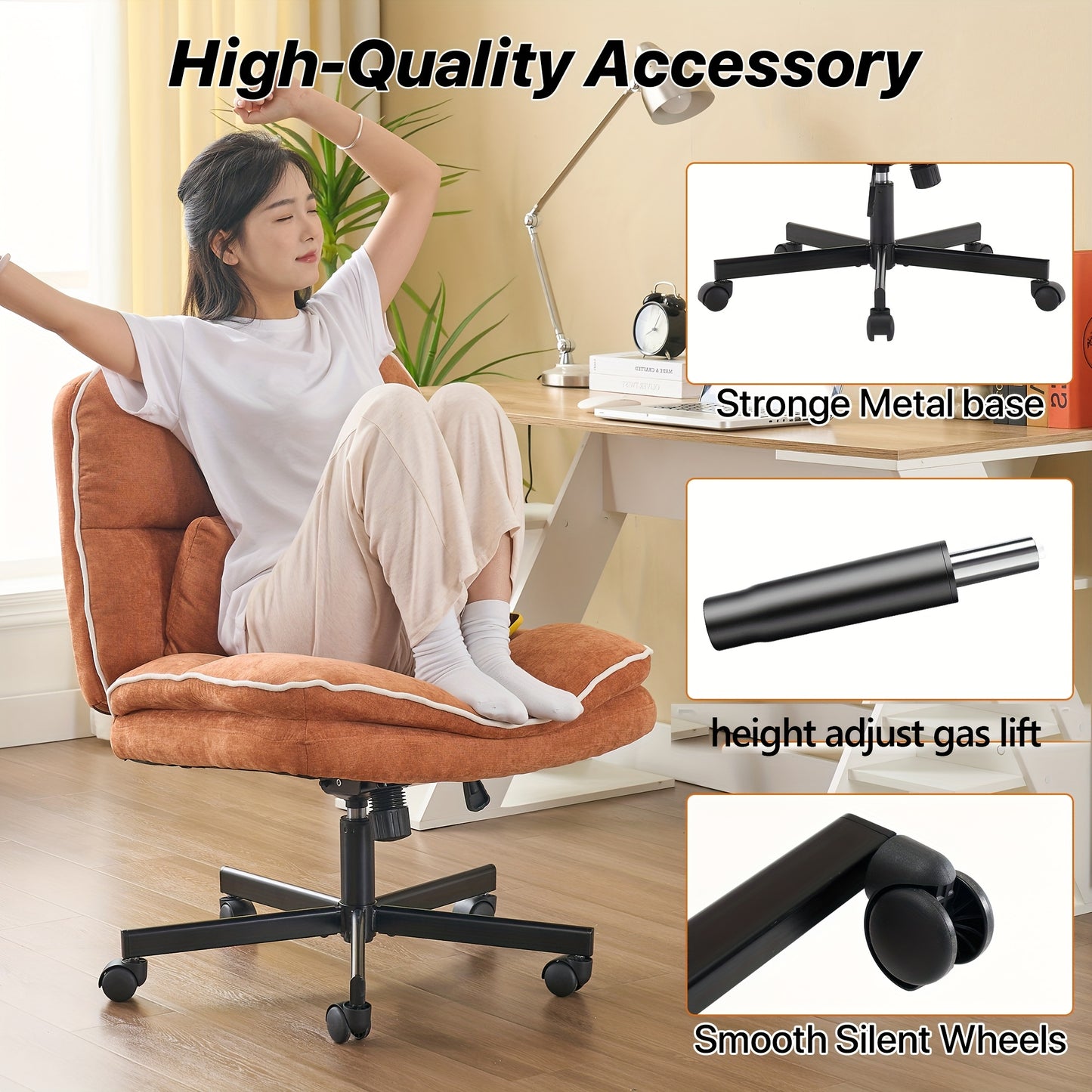 Armless Office Chair, Criss Cross Legged Desk Chair With Wheels, Modern Home Office Desk Chair With Thickened Cushion, Height Adjustable Swivel Fabric Computer Chair