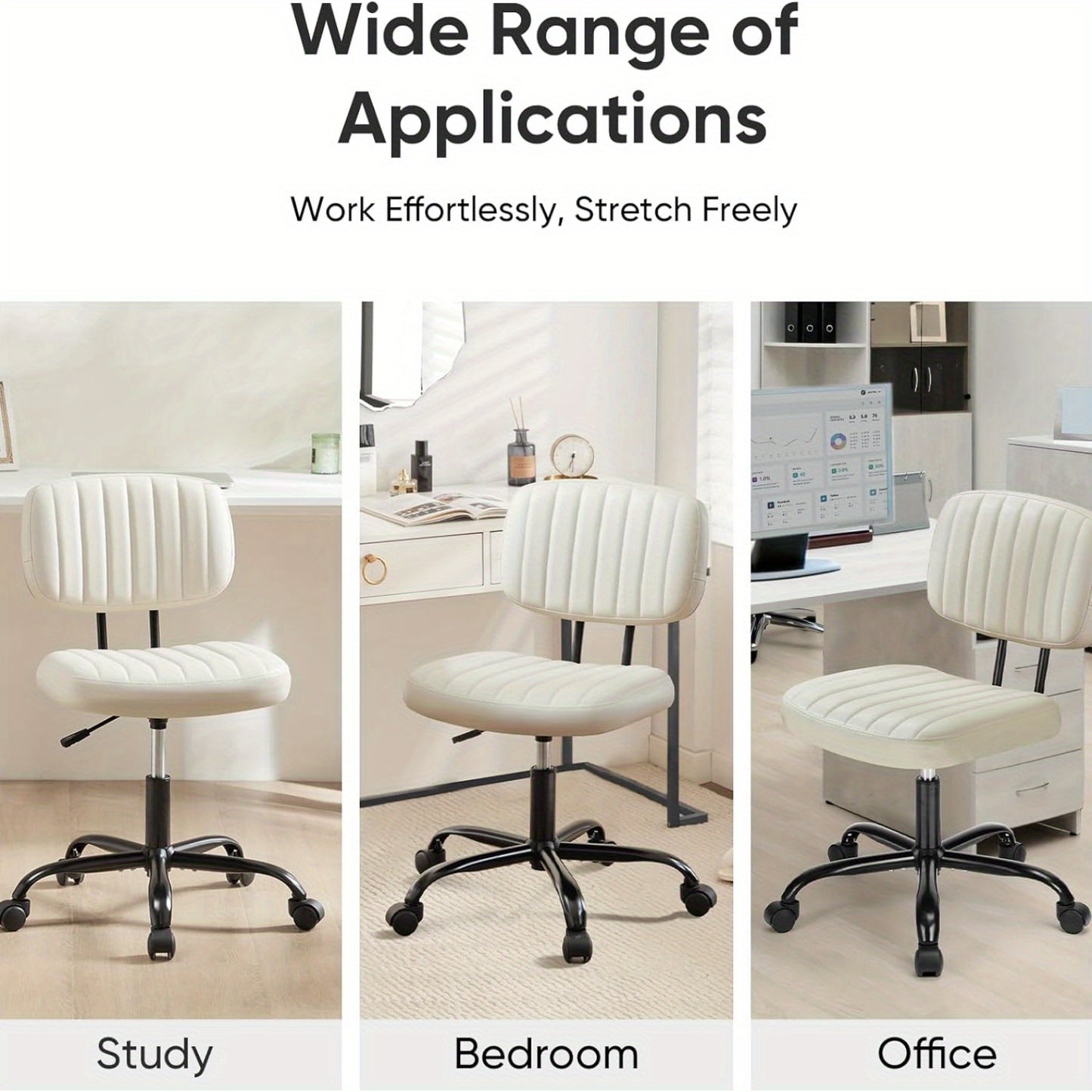 Small Office Chair Armless with Wheels, Swivel Desk Seat with Back Lumbar Support Height Adjustable for Home Study Vanity, Pu Leather, White, Black, Brown