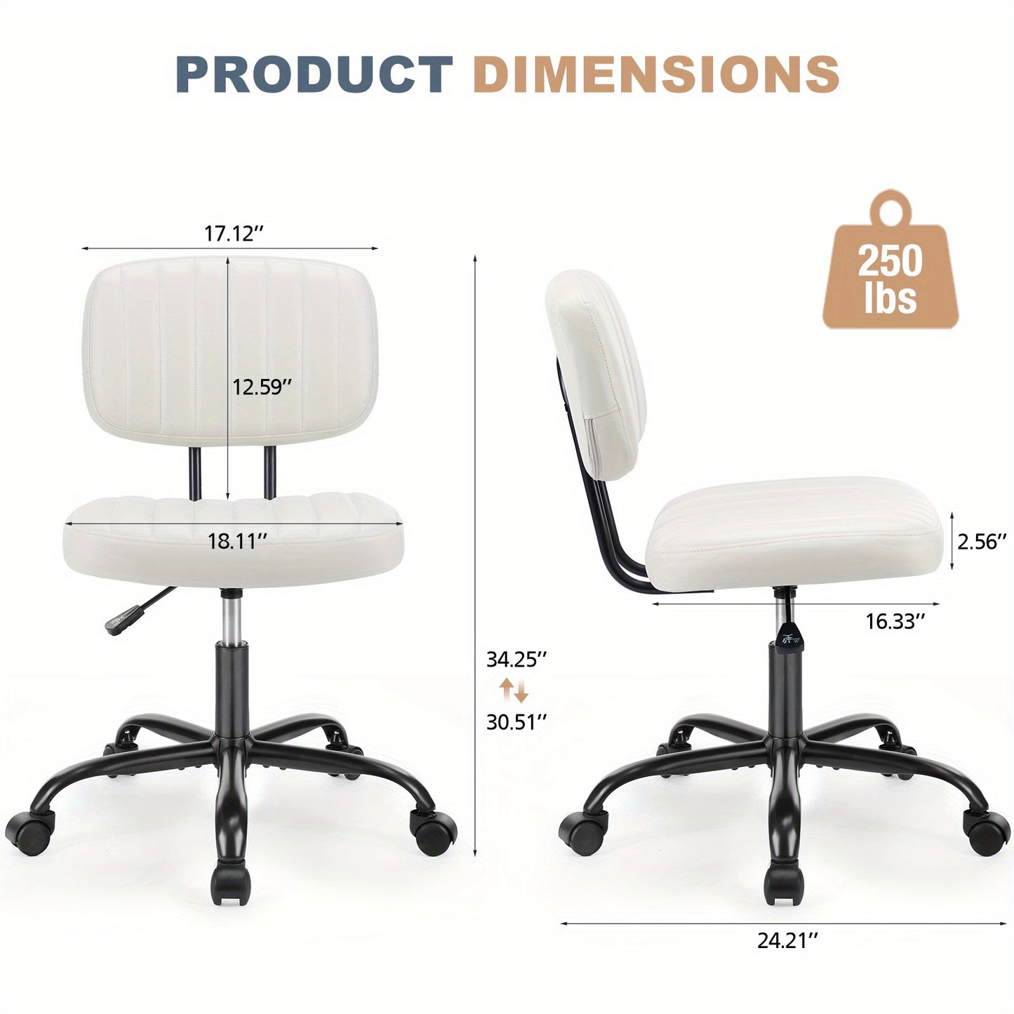 Small Office Chair Armless with Wheels, Swivel Desk Seat with Back Lumbar Support Height Adjustable for Home Study Vanity, Pu Leather, White, Black, Brown