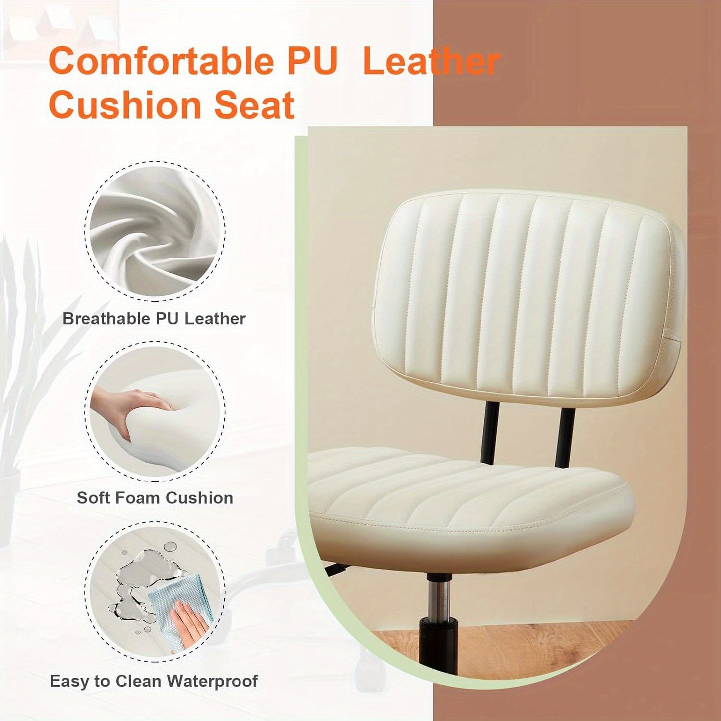 Small Office Chair Armless with Wheels, Swivel Desk Seat with Back Lumbar Support Height Adjustable for Home Study Vanity, Pu Leather, White, Black, Brown