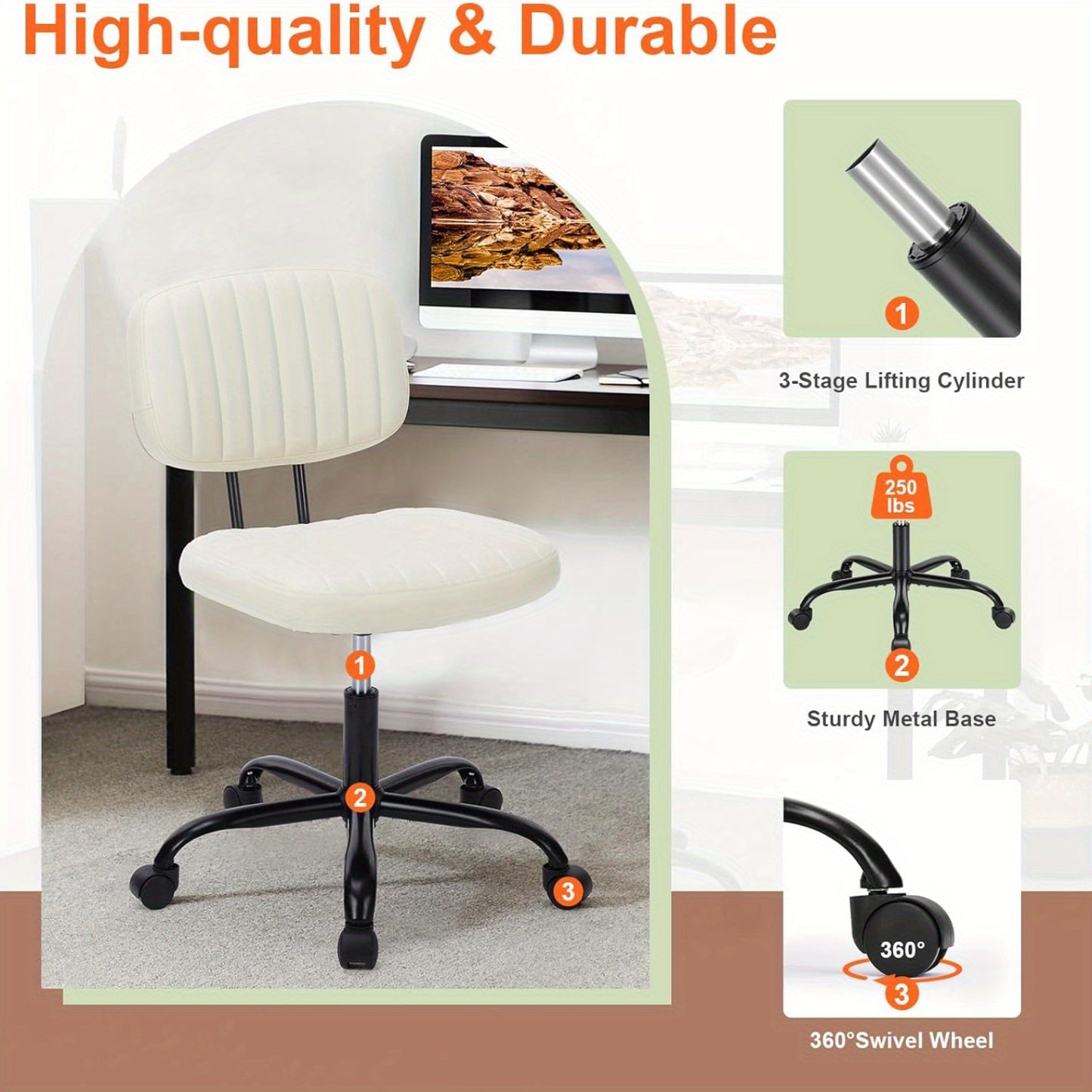 Small Office Chair Armless with Wheels, Swivel Desk Seat with Back Lumbar Support Height Adjustable for Home Study Vanity, Pu Leather, White, Black, Brown