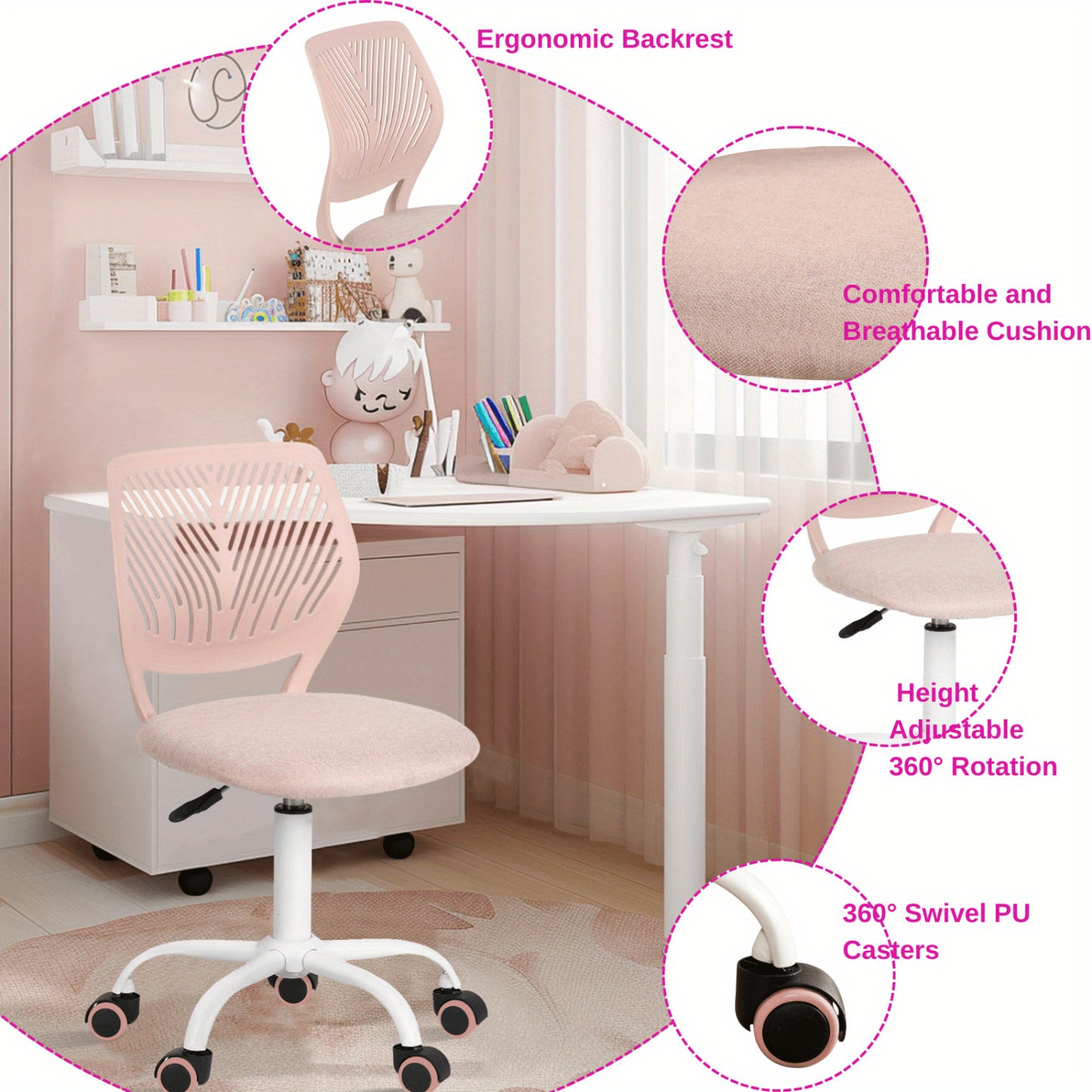 Homy Casa Compact Armless Office Chair, Adjustable Swivel Task Chair with Soft Cushion, Available in 7 Colors - Perfect for Home Office, Workspace, Bedroom, Study or Vanity