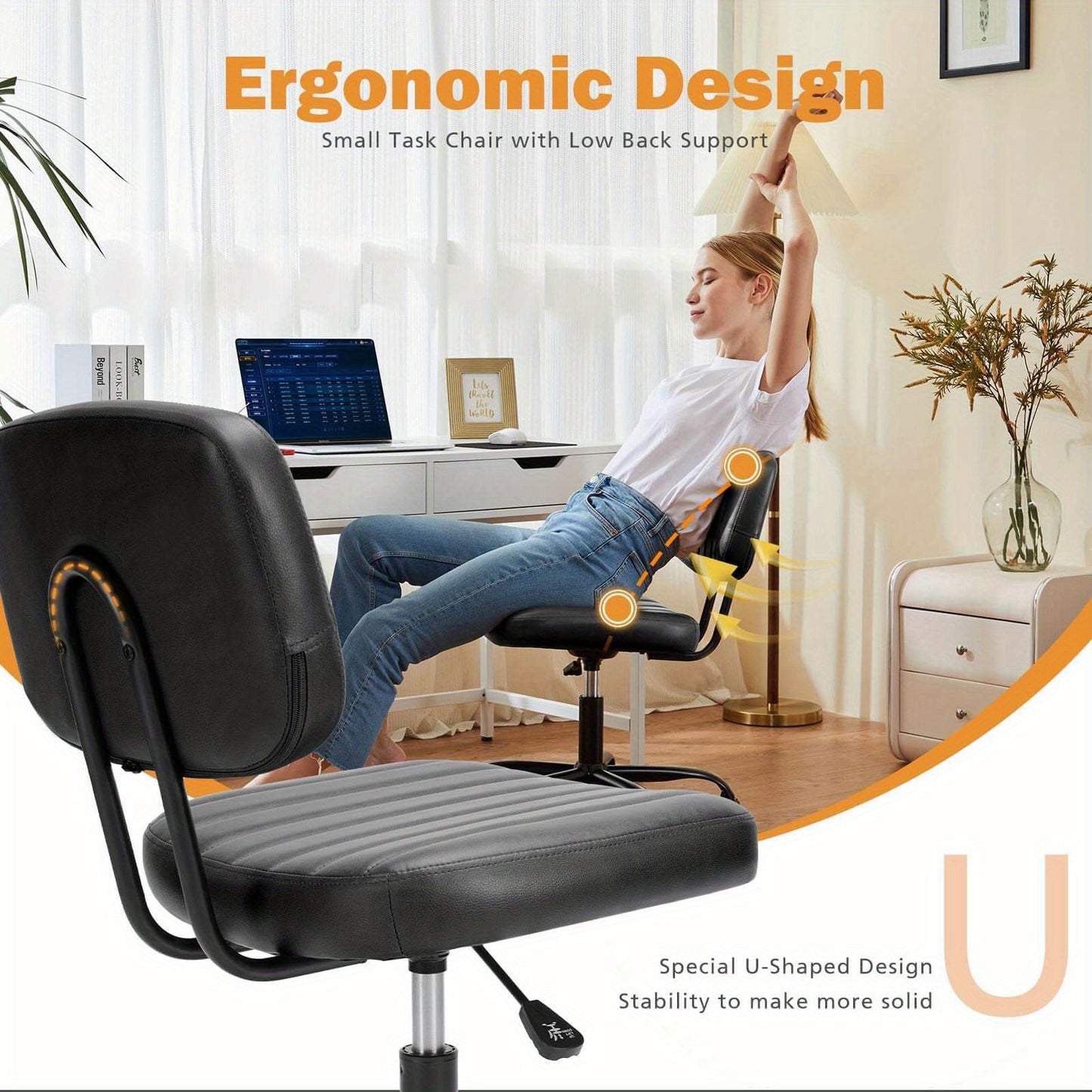 Portable Office Chair, Leather Texture, 5-wheel Swivel Base, Space-saving Design, Suitable For Use In Office, Living Room, School, Bedroom, Easy To Slide And Move