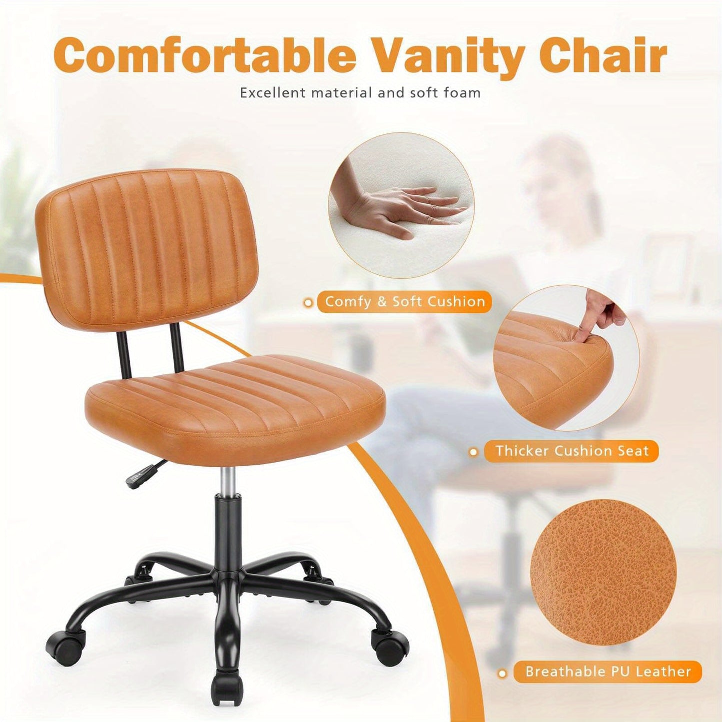 Portable Office Chair, Leather Texture, 5-wheel Swivel Base, Space-saving Design, Suitable For Use In Office, Living Room, School, Bedroom, Easy To Slide And Move