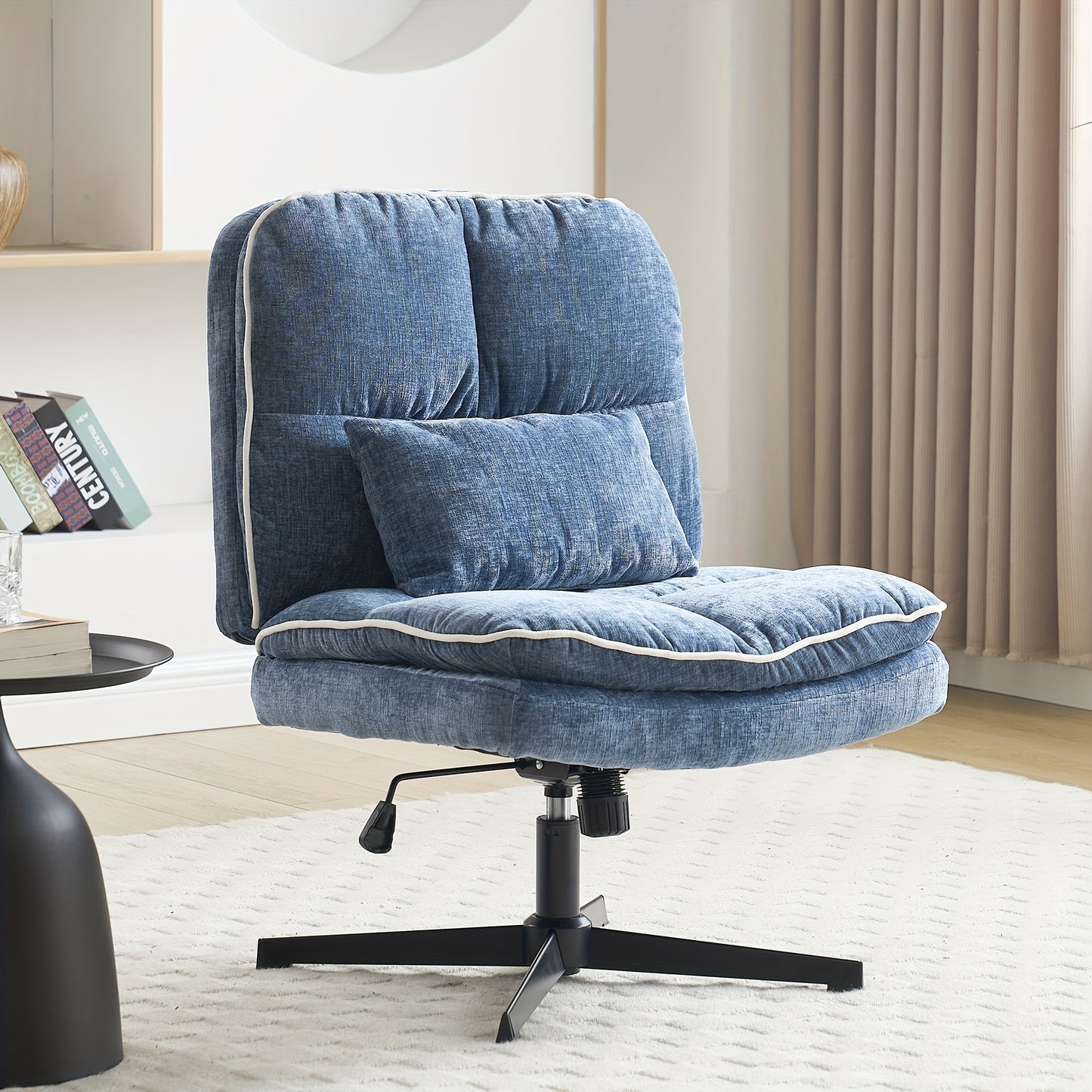Armless Office Chair, Criss Cross Legged Desk Chair With Wheels, Modern Home Office Desk Chair With Thickened Cushion, Height Adjustable Swivel Fabric Computer Chair