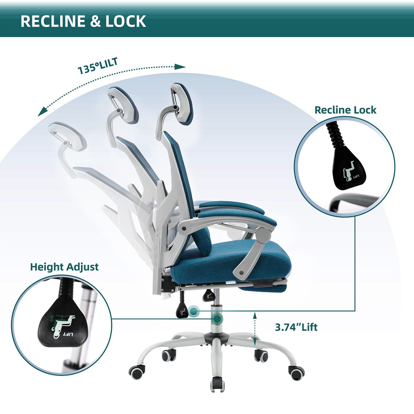 Home Office Desk Chair with Footrest and Headrest, High-Back Mesh Rolling Swivel Reclining Chairs with Wheels, Comfortable Headrest, Lumbar Support, Comfy Arms for Home, Office, Gaming, Student