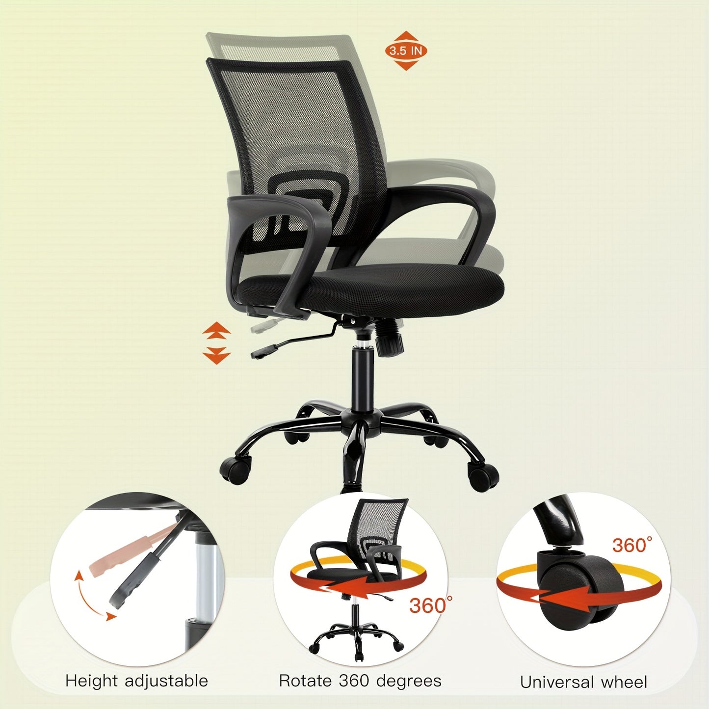 Ergonomic Mid-Back Office Chair with Lumbar Support and Armrests, Black Mesh Swivel Desk Chair on Wheels - Easy Clean, Manual Adjustment for Home and Office Use, Office Chair Cushion