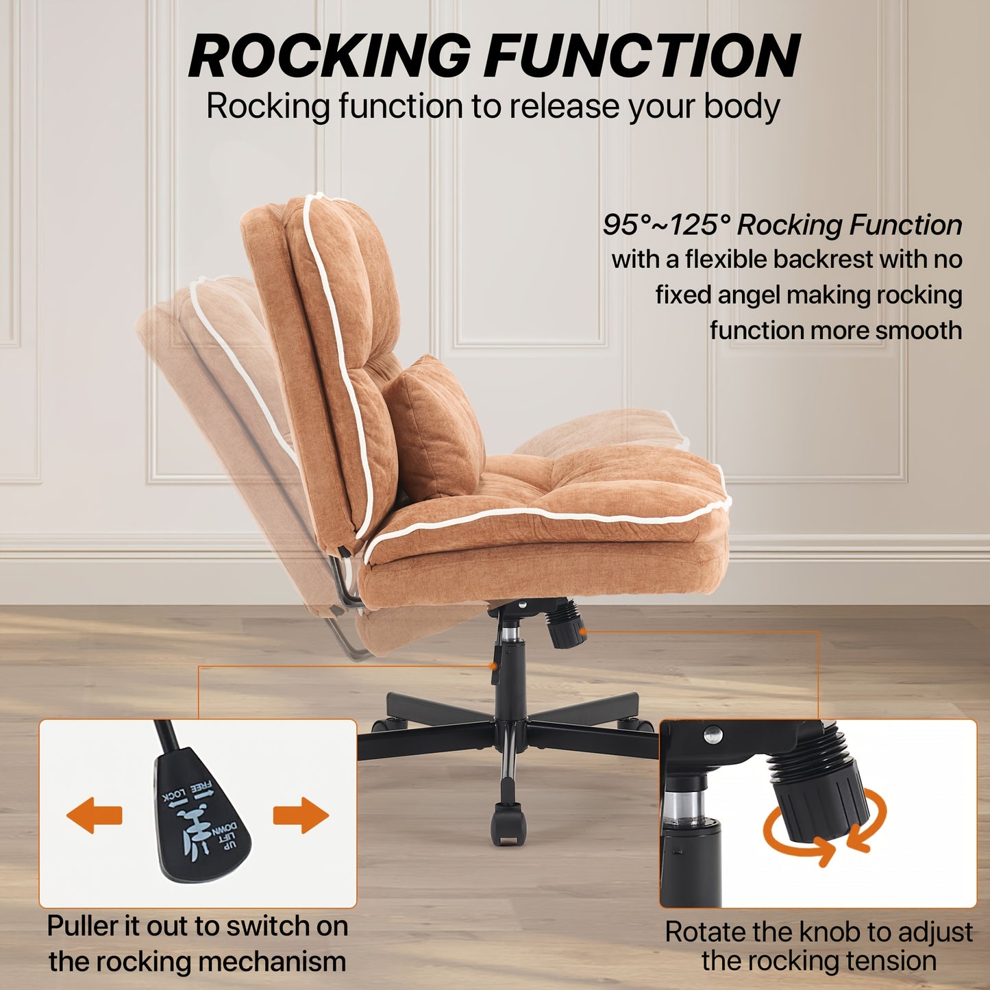 Armless Office Chair, Criss Cross Legged Desk Chair With Wheels, Modern Home Office Desk Chair With Thickened Cushion, Height Adjustable Swivel Fabric Computer Chair