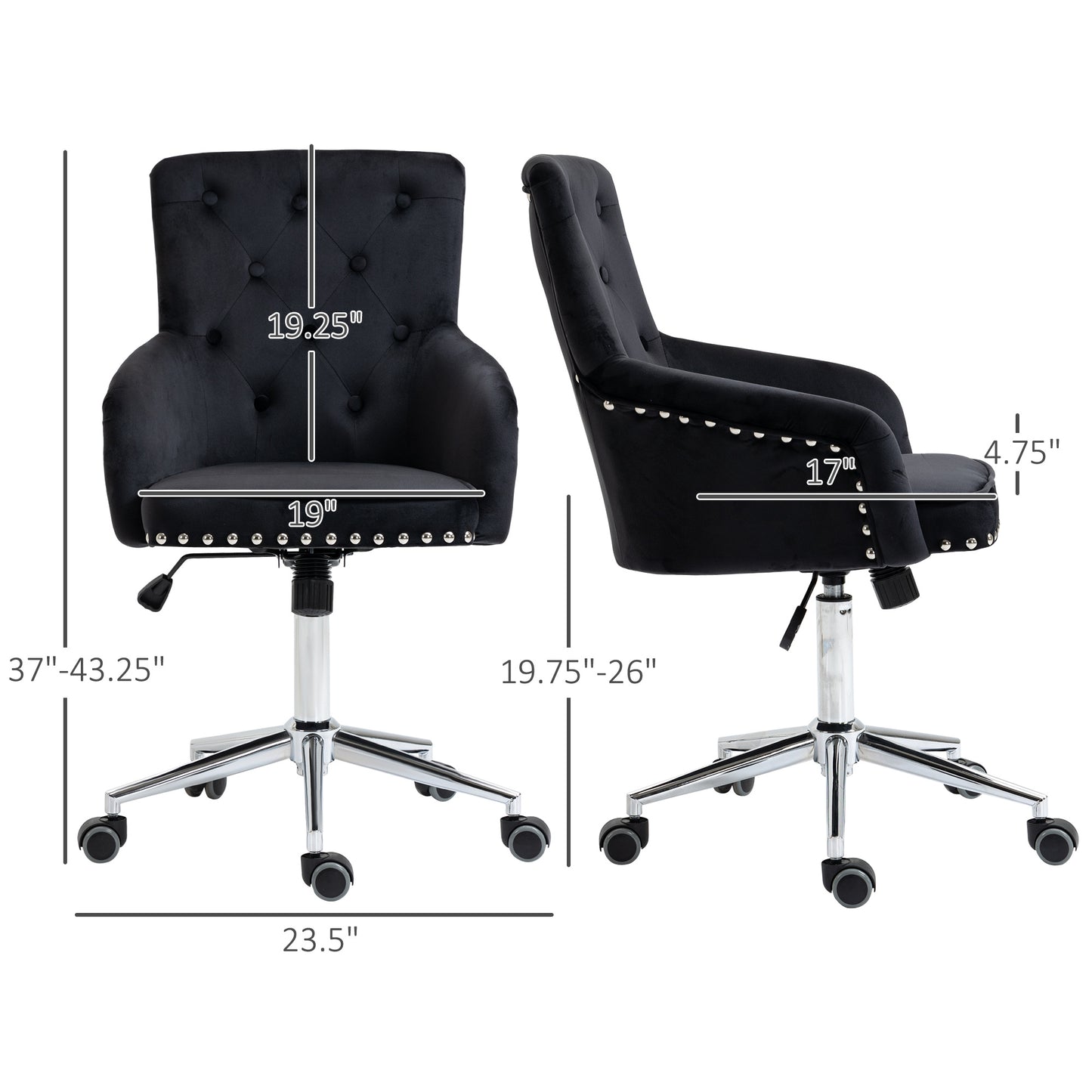 HOMCOM Modern Mid-back Desk Chair with Button Tufted Velvet Back, Nailhead Trim, Swivel Home Office Chair with Adjustable Height, Curved Padded Armrests, Black