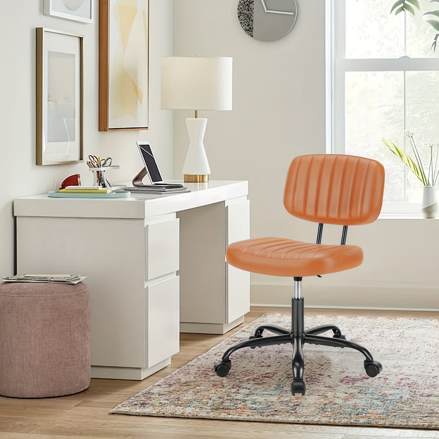Armless Home Office Chair, Ergonomic Desk Chair with Wheels, Height Adjustable PU Leather, Comfy Low Back Lumbar Support - Brown