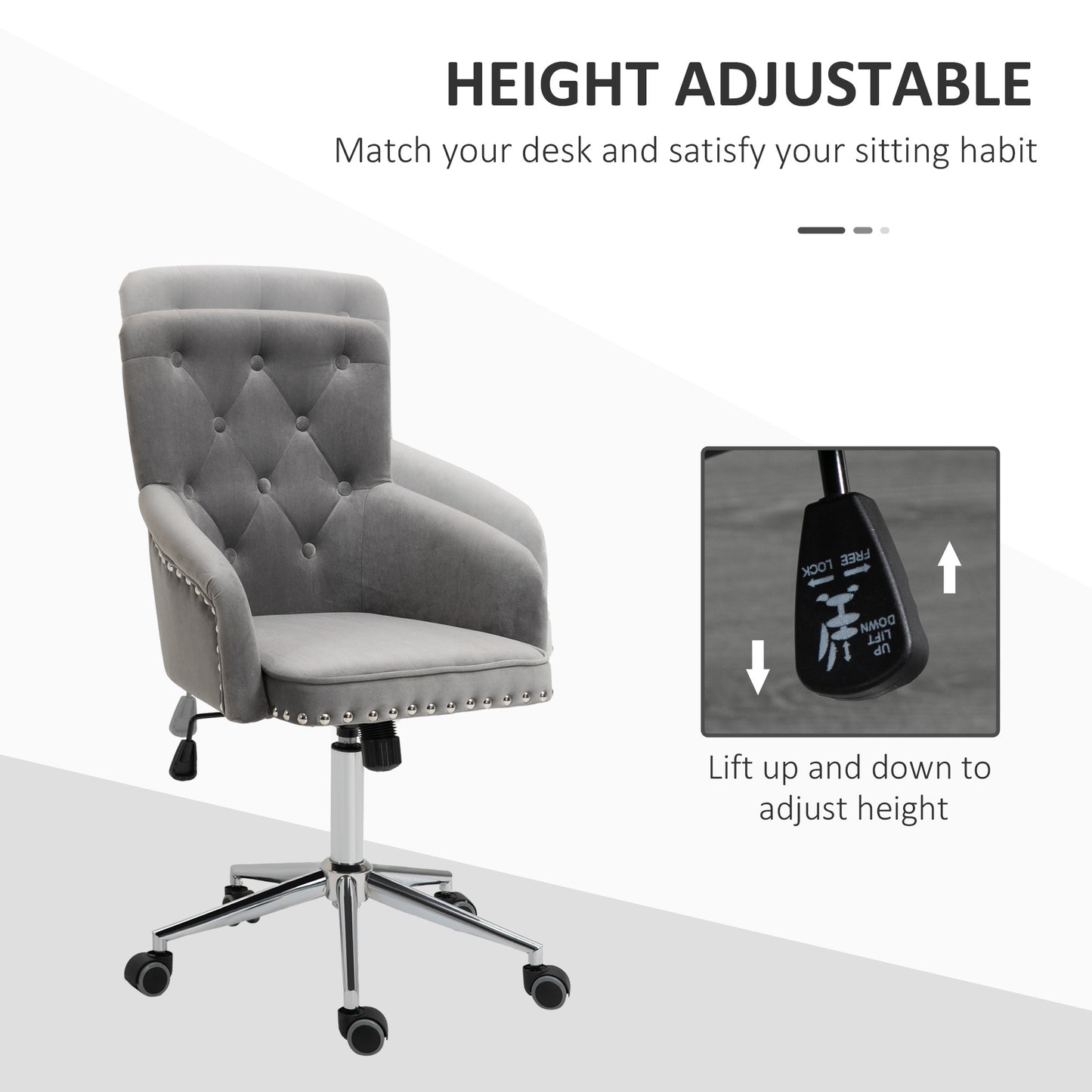 HOMCOM Modern Mid-back Desk Chair with Button Tufted Velvet Back, Nailhead Trim, Swivel Home Office Chair with Adjustable Height, Curved Padded Armrests, Black