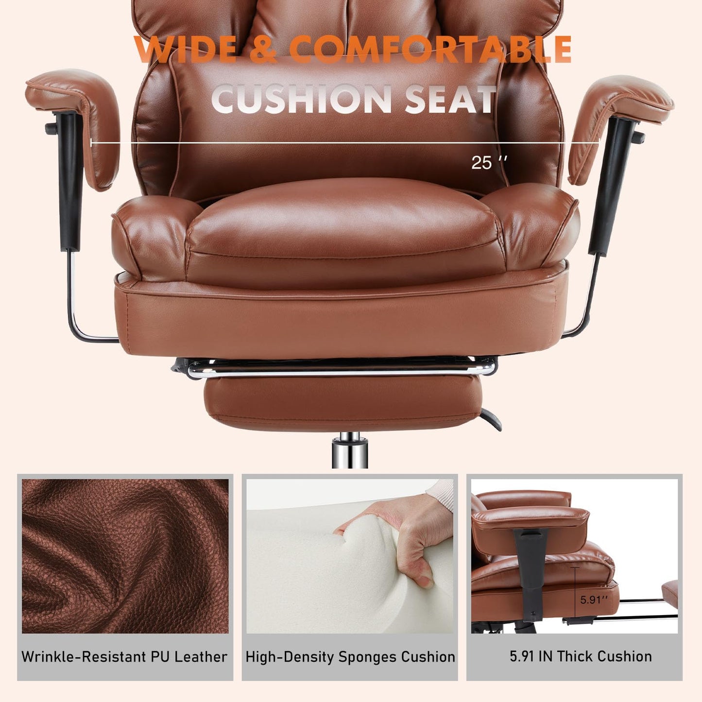 Home Office High Back Reclining Desk Chair with Footrest, Big and Tall Adjustable Height PU Leather Executive Computer Task Chair with Leg Rest and Lumbar Support, Armrest, White, Brown, Black