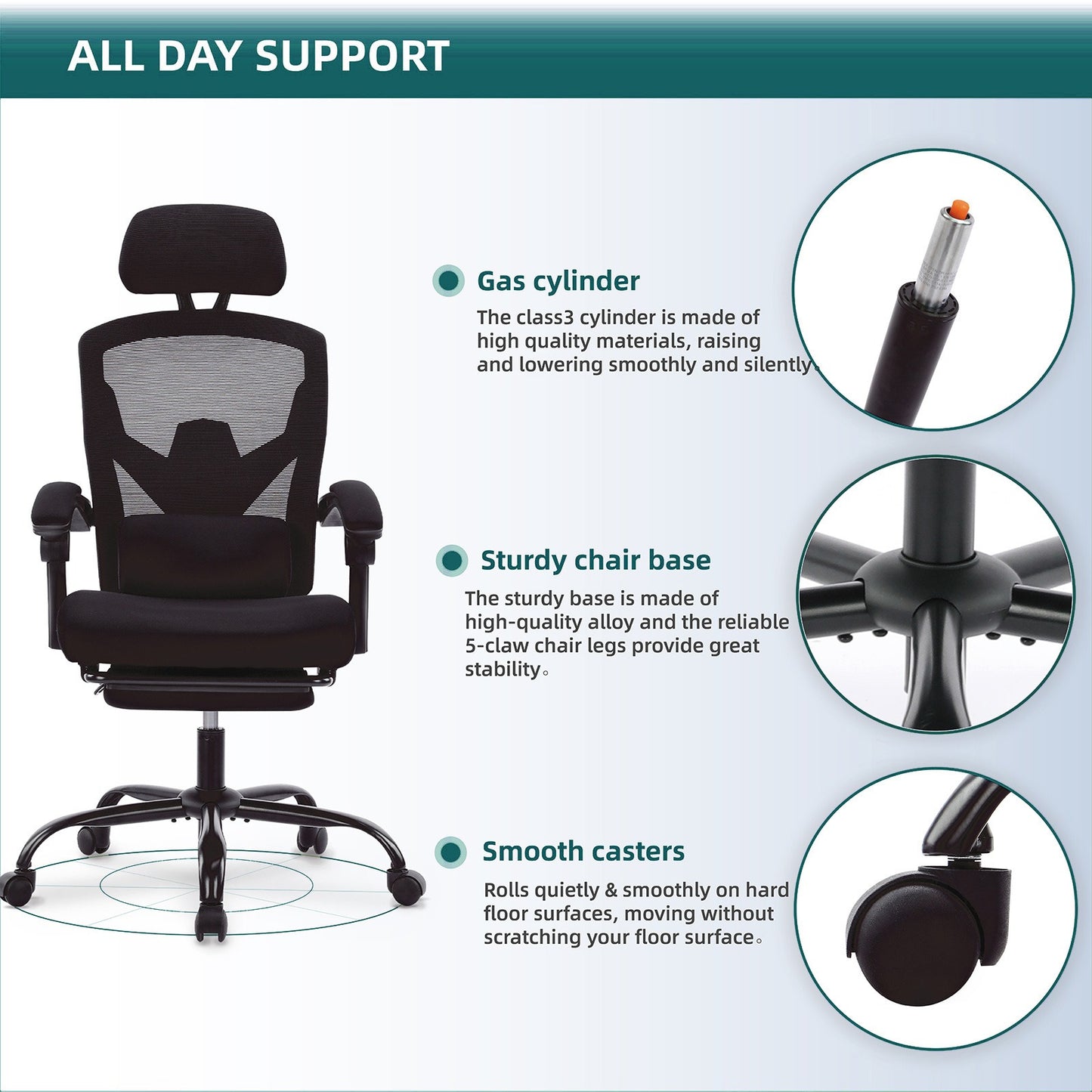 Home Office Desk Chair with Footrest and Headrest, High-Back Mesh Rolling Swivel Reclining Chairs with Wheels, Comfortable Headrest, Lumbar Support, Comfy Arms for Home, Office, Gaming, Student