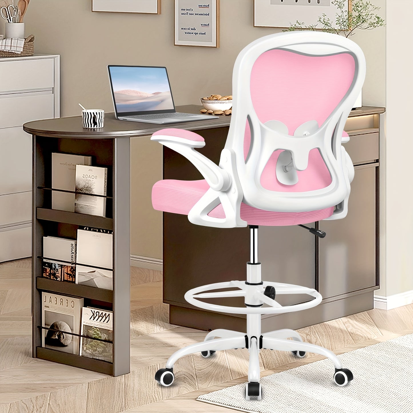 Actflame Drafting Chair Tall Office Chair With Flip-up Armrests Executive Ergonomic Computer Standing Desk Chair With Adjustable Lumbar Support And Adjustable Footrest Ring