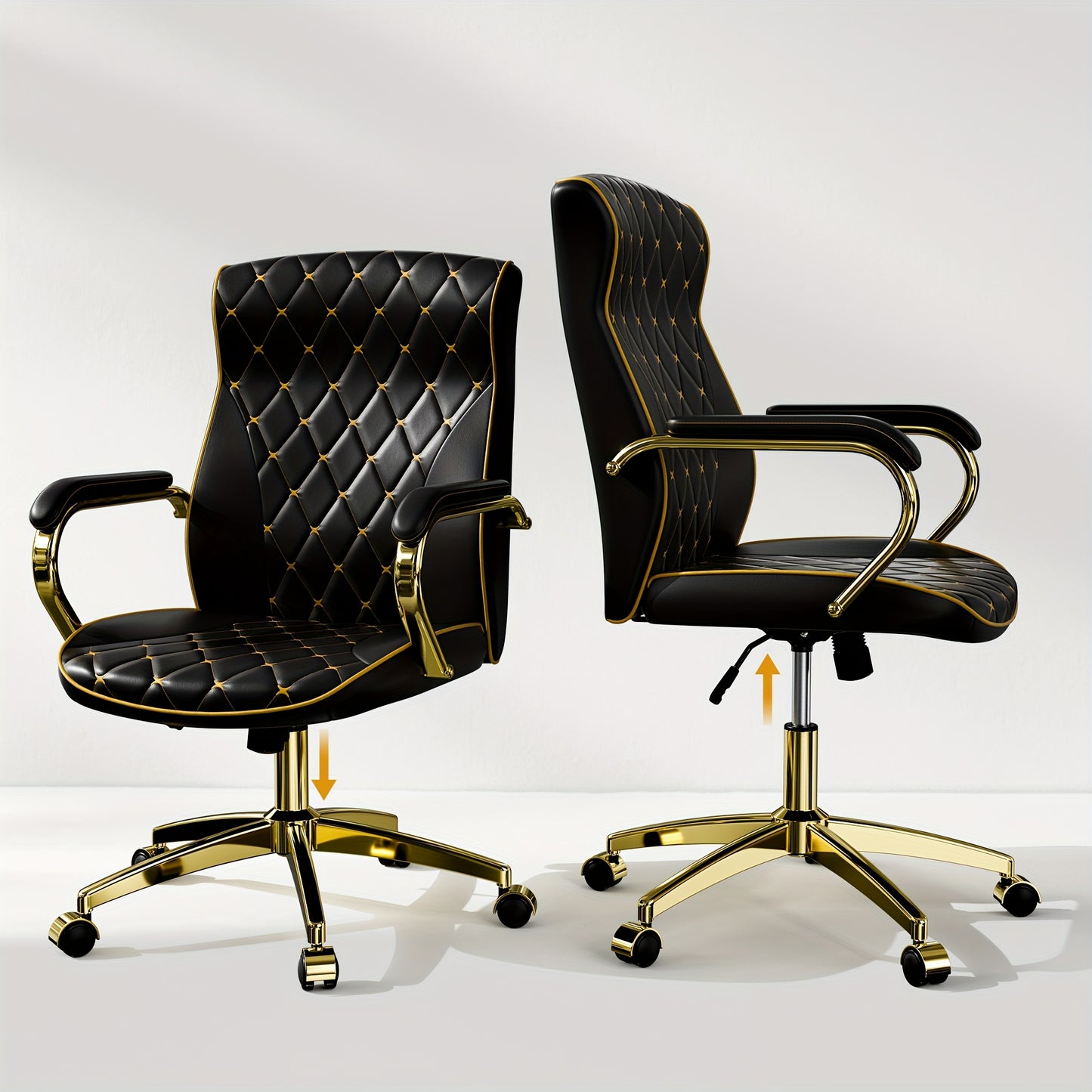 1pc Office Chair with Golden Frame, Soft PU Office Chair with Wheels And Padded Arms, Mid Back Executive Desk Chair, Swivel Vintage Desk Chair And Height Adjustable