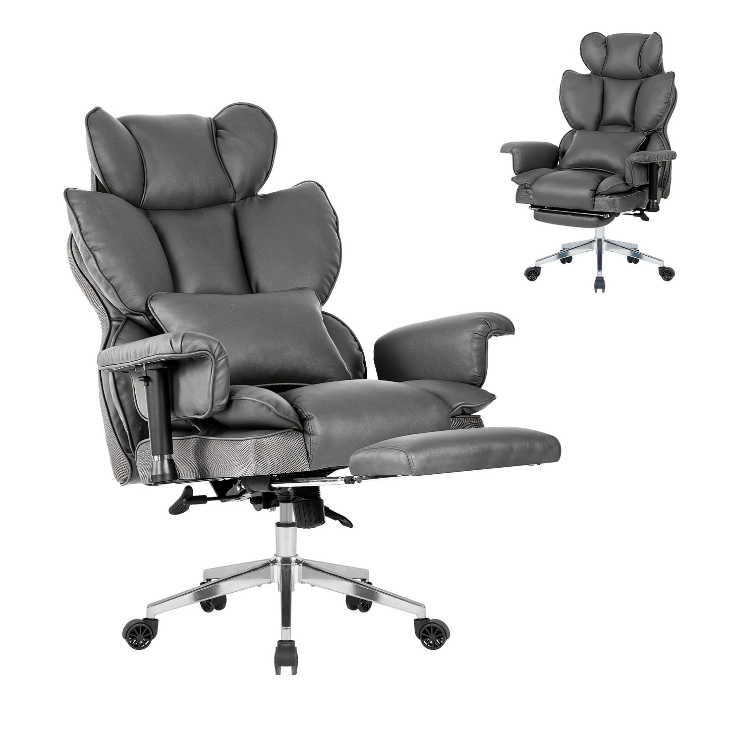Ergonomic Big and Tall Office Chair, Reclining Gaming Chair with Thick Faux Leather Upholstery and Lumbar Support, Stainless Steel Frame, Rotating Mechanism for Hard Floors - Ideal for Home Office, Computer Desk Chair, Comfy
