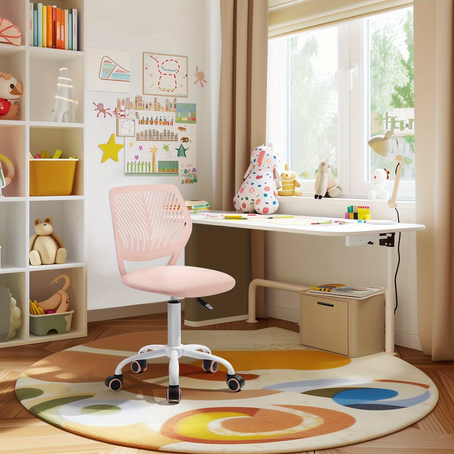 Homy Casa Pink Fabric Chair, Ergonomic Backrest, Thick Padded Seat, Swivel & Height Adjustable, Mobile Design for Home Office or Workspaces