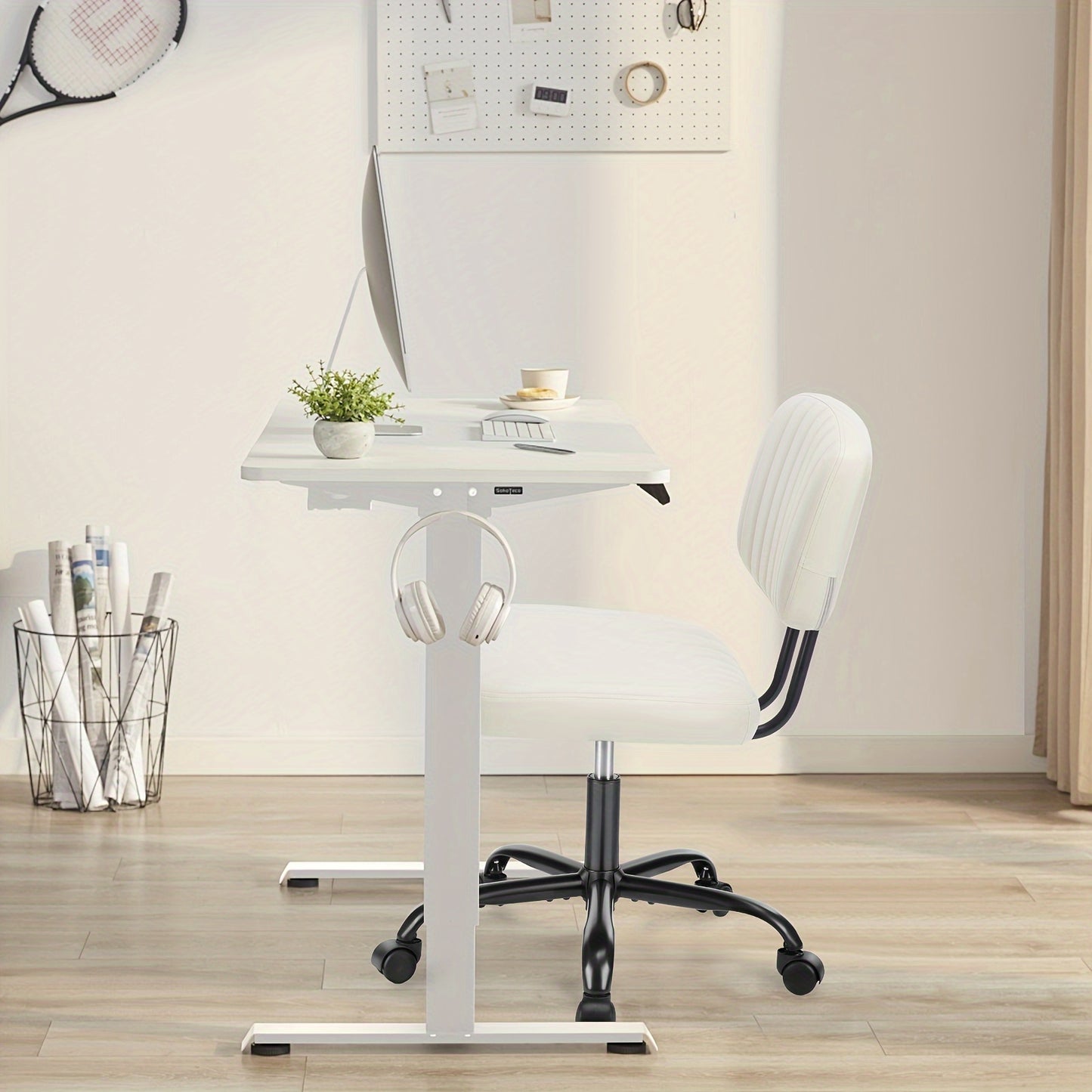 Armless Home Office Chair, Ergonomic Desk Chair with Wheels, Height Adjustable PU Leather, Comfy Low Back Lumbar Support - Beige White