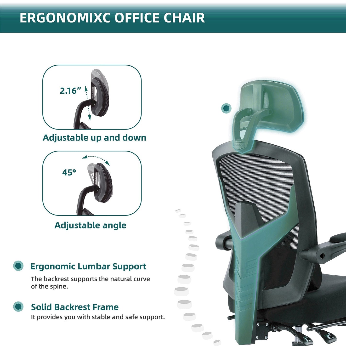 Home Office Desk Chair with Footrest and Headrest, High-Back Mesh Rolling Swivel Reclining Chairs with Wheels, Comfortable Headrest, Lumbar Support, Comfy Arms for Home, Office, Gaming, Student