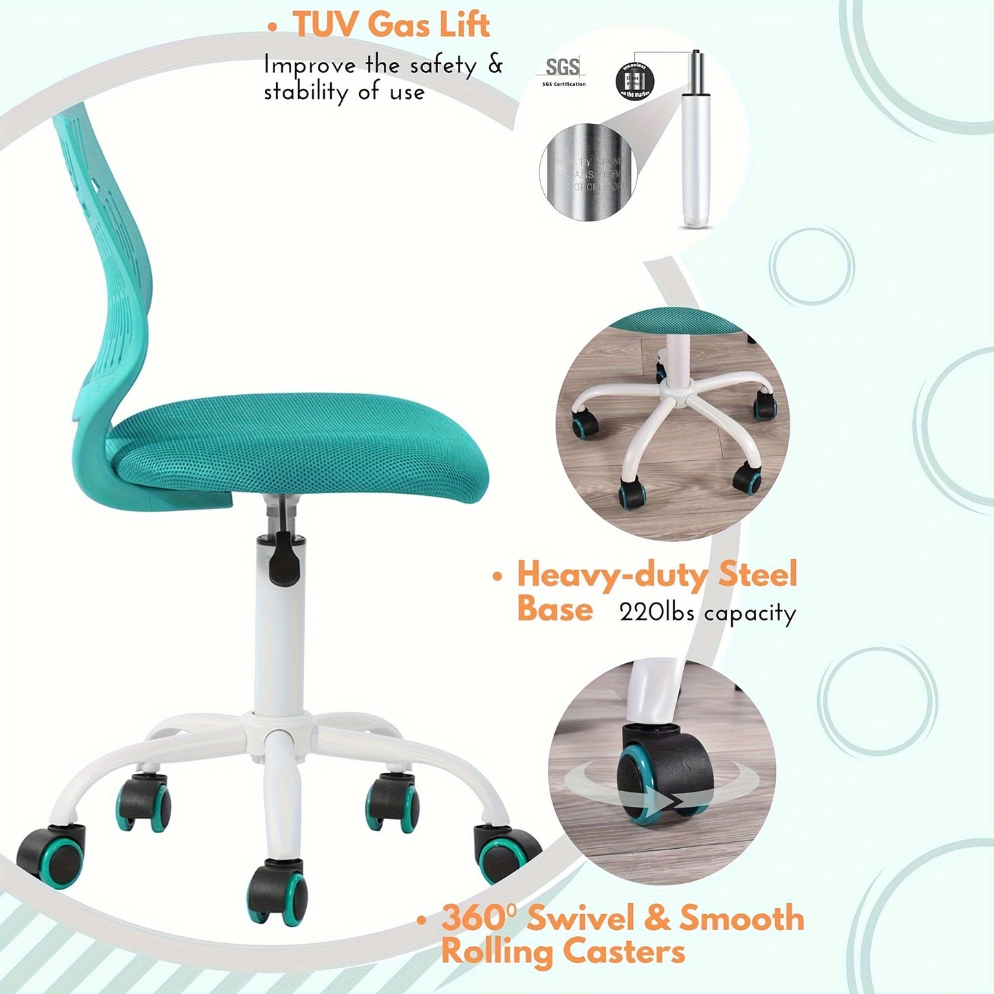 1pc Ergonomic Task Chair, Armless Desk Chair with Mesh Padded Cushion, Swivel Study Chair with Rolling Wheels, Open Back, Fabric Material, Non-Electric, Wipe Clean Care, for Hard Floor - Purple\u002FRose\u002FGreen, Office Chair Cushion