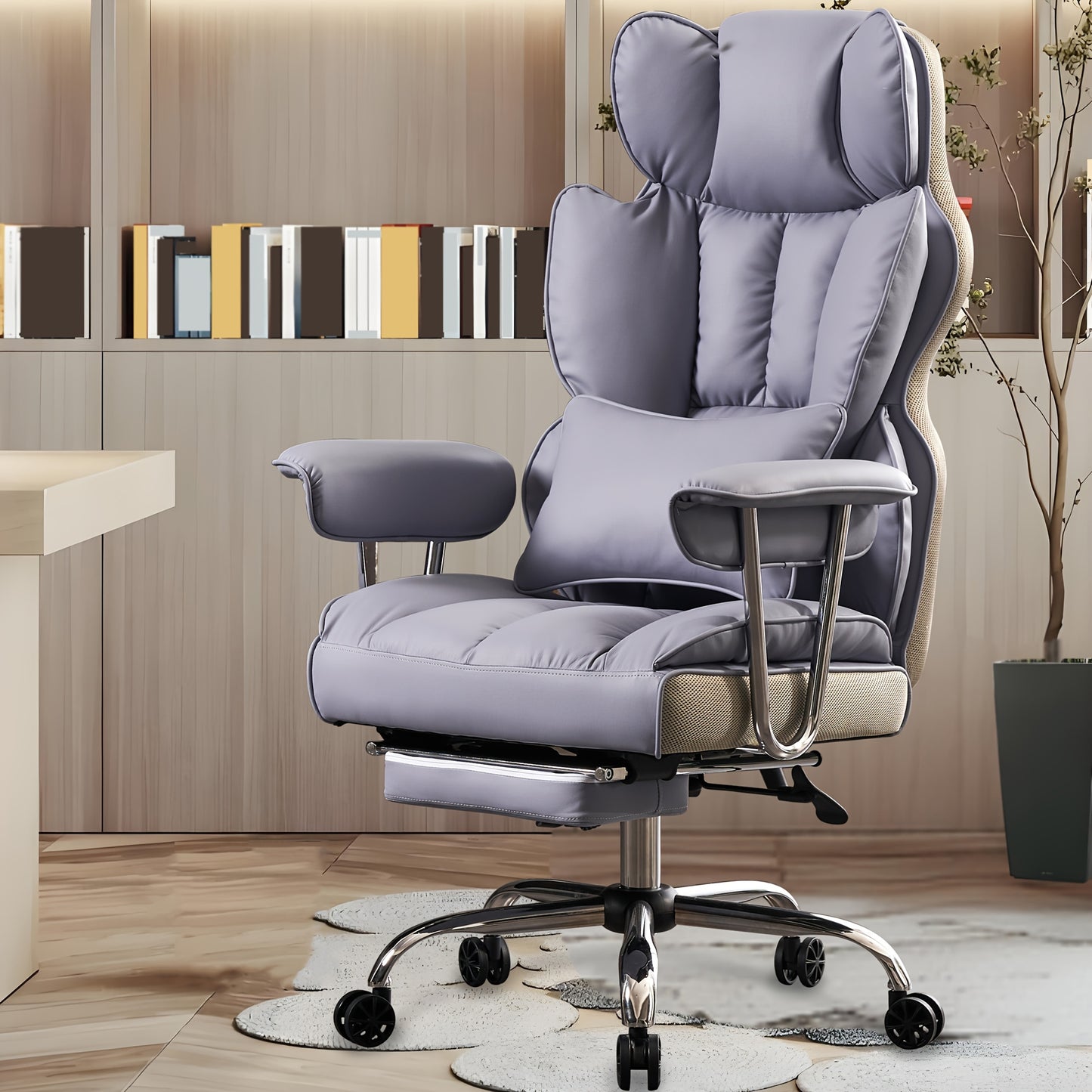 Efomao Office Chair 400LBS, Big and Tall Office Chair, Faux Leather Computer Chair, Executive Office Chair with Leg Rest and Lumbar Support, Pink Office Chair