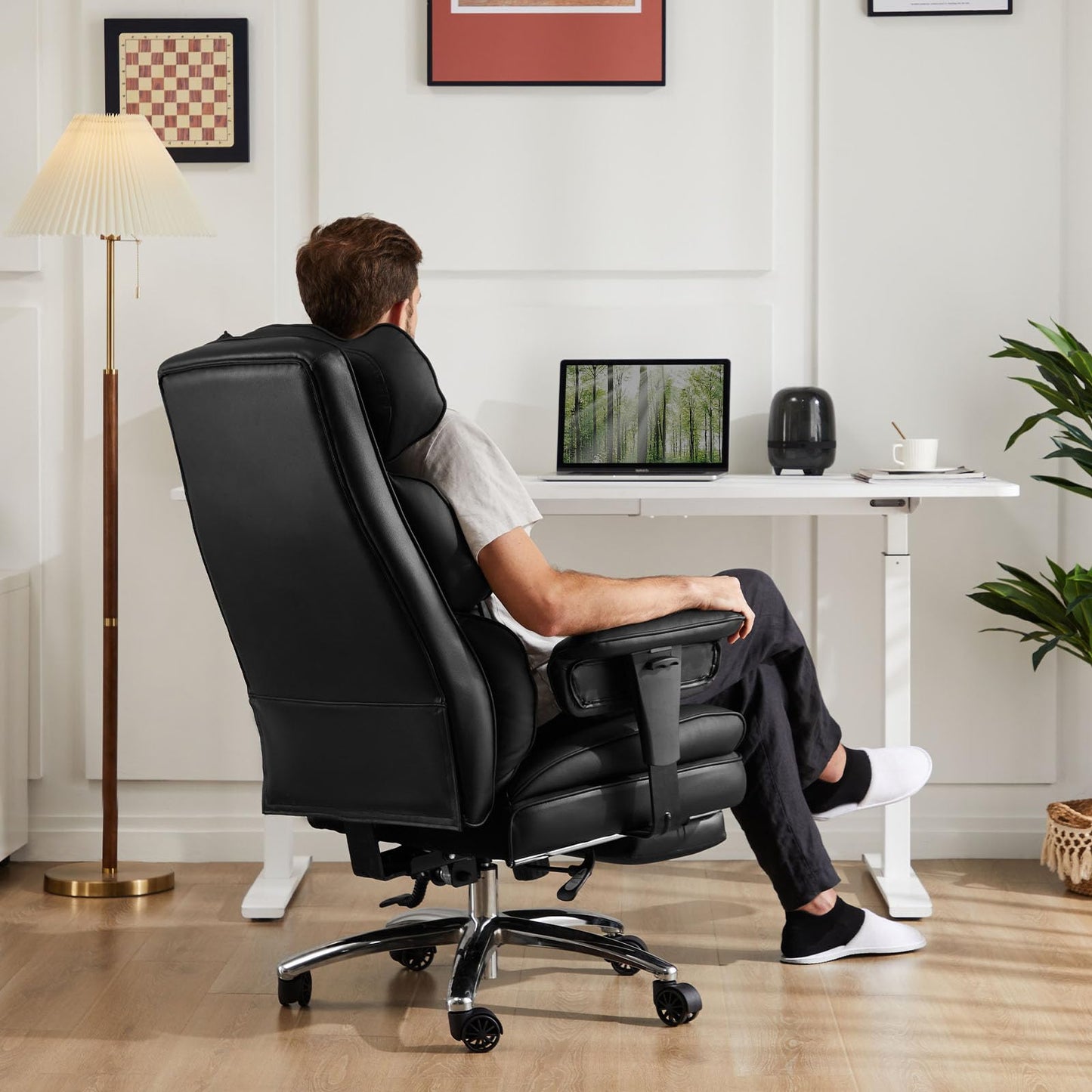 Home Office High Back Reclining Desk Chair with Footrest, Big and Tall Adjustable Height PU Leather Executive Computer Task Chair with Leg Rest and Lumbar Support, Armrest, White, Brown, Black
