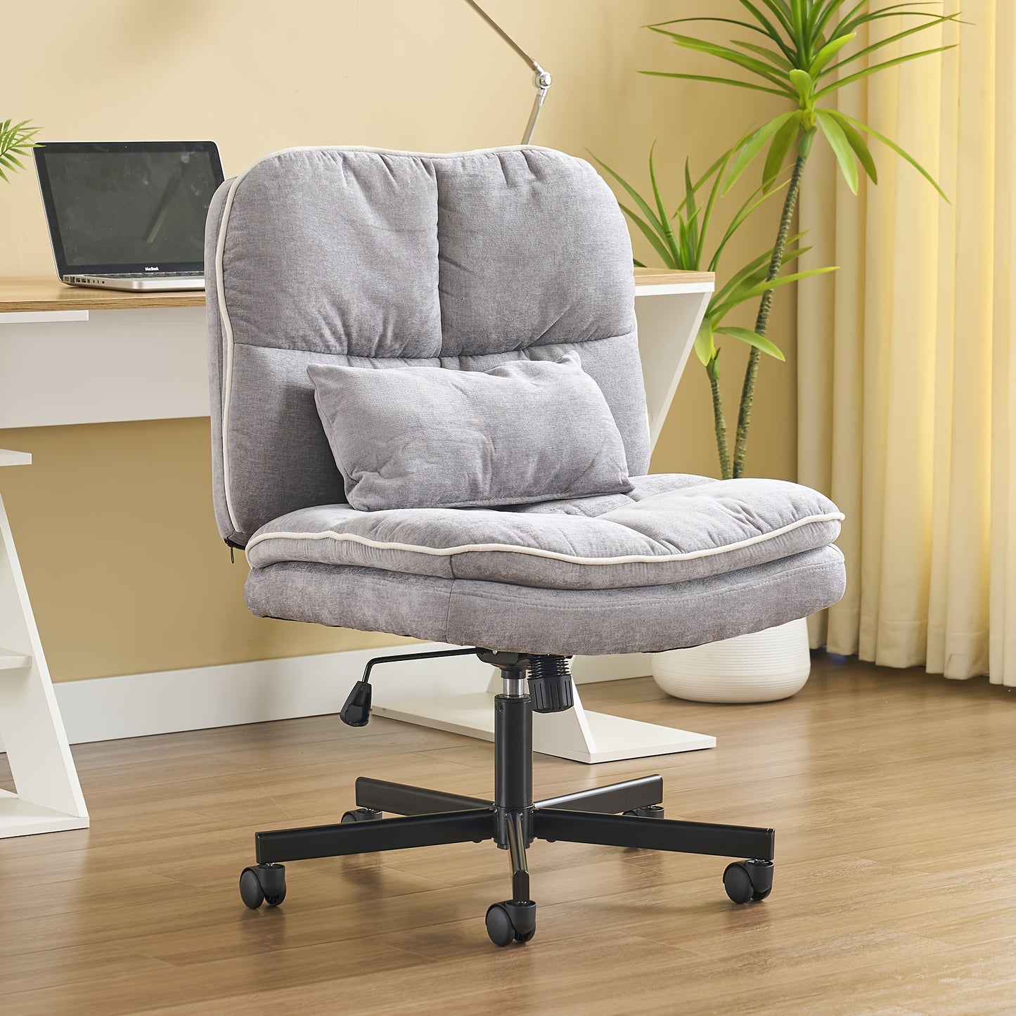 Armless Office Chair, Criss Cross Legged Desk Chair With Wheels, Modern Home Office Desk Chair With Thickened Cushion, Height Adjustable Swivel Fabric Computer Chair