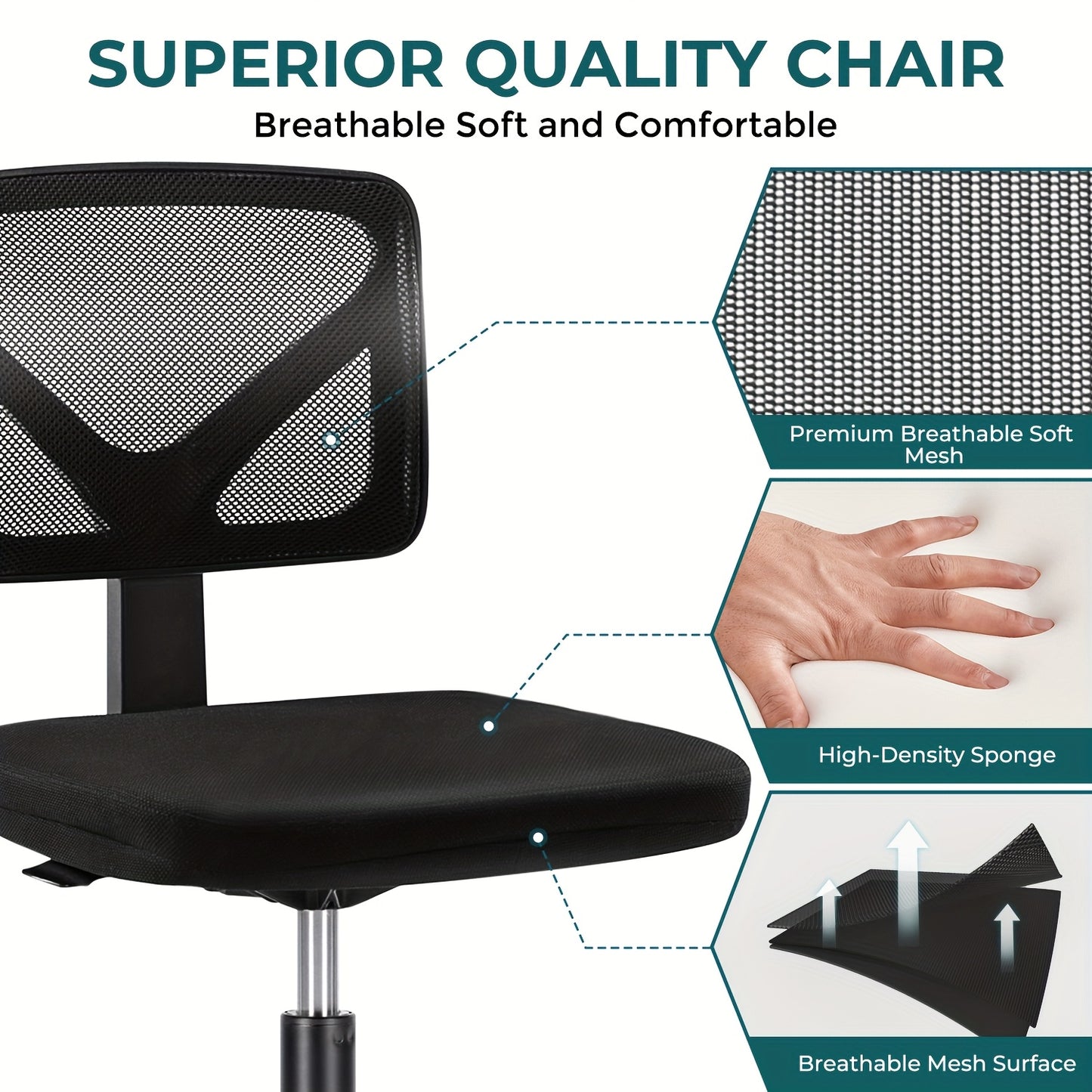 Armless Desk Chairs, Ergonomic Low Back Computer Chair No Arms, Adjustable Rolling Mesh Task Work Swivel Chairs with Wheels Work Vanity Chair for Small Spaces Home Bedroom, Classic Black