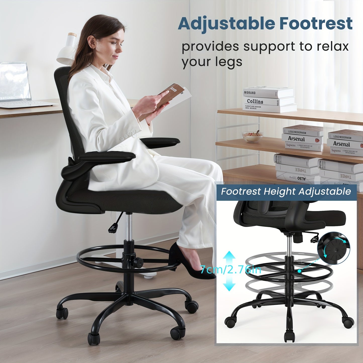 Drafting Chair, Tall Office Chair with Flip-up Armrests Executive Ergonomic Computer Standing Desk Chair, Office Drafting Chair with Lumbar Support and Adjustable Footrest Ring