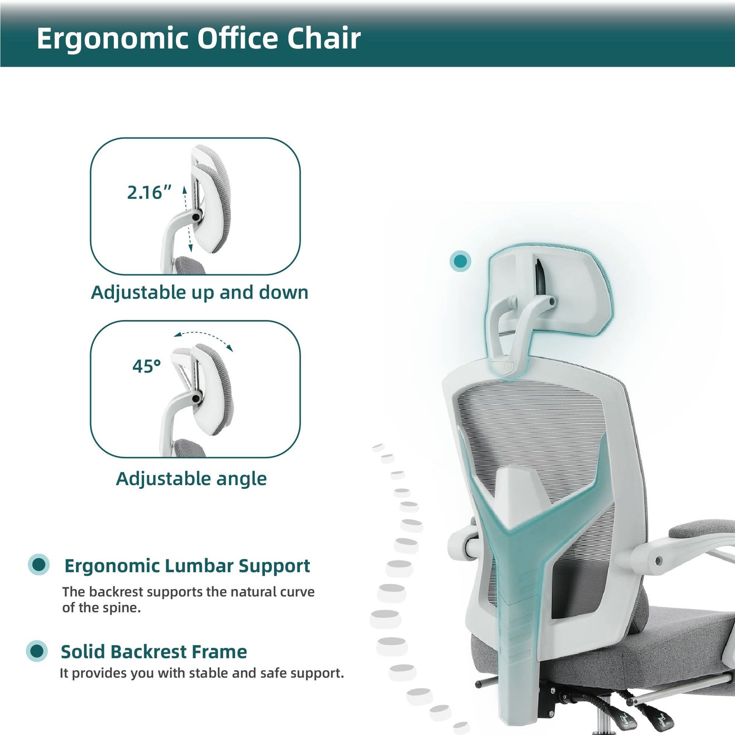 Home Office Desk Chair with Footrest and Headrest, High-Back Mesh Rolling Swivel Reclining Chairs with Wheels, Comfortable Headrest, Lumbar Support, Comfy Arms for Home, Office, Gaming, Student