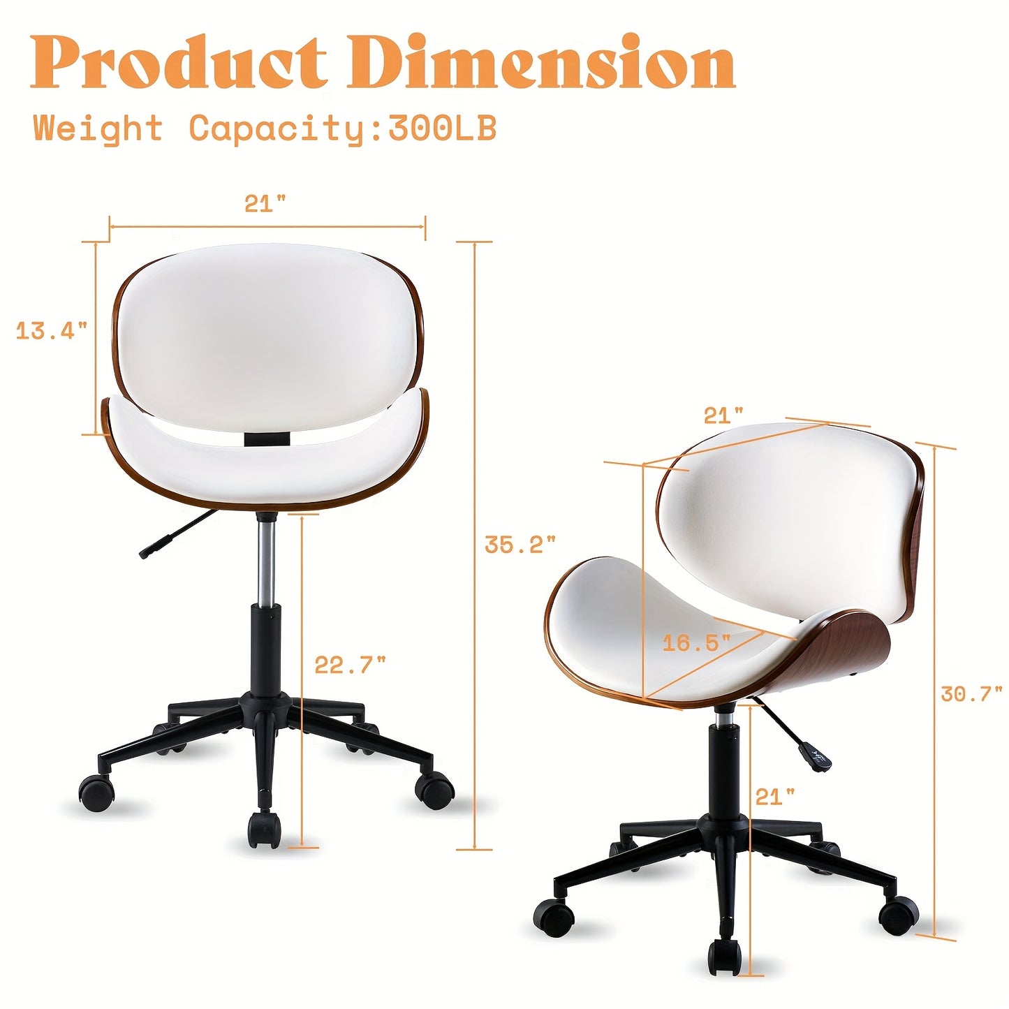 Ergonomic Home Office Desk Chair: Modern Mid-Century Armless Design With PU Leather, Bentwood, 360° Swivel Wheels, Adjustable Seat Height For Office, Study, Bedroom