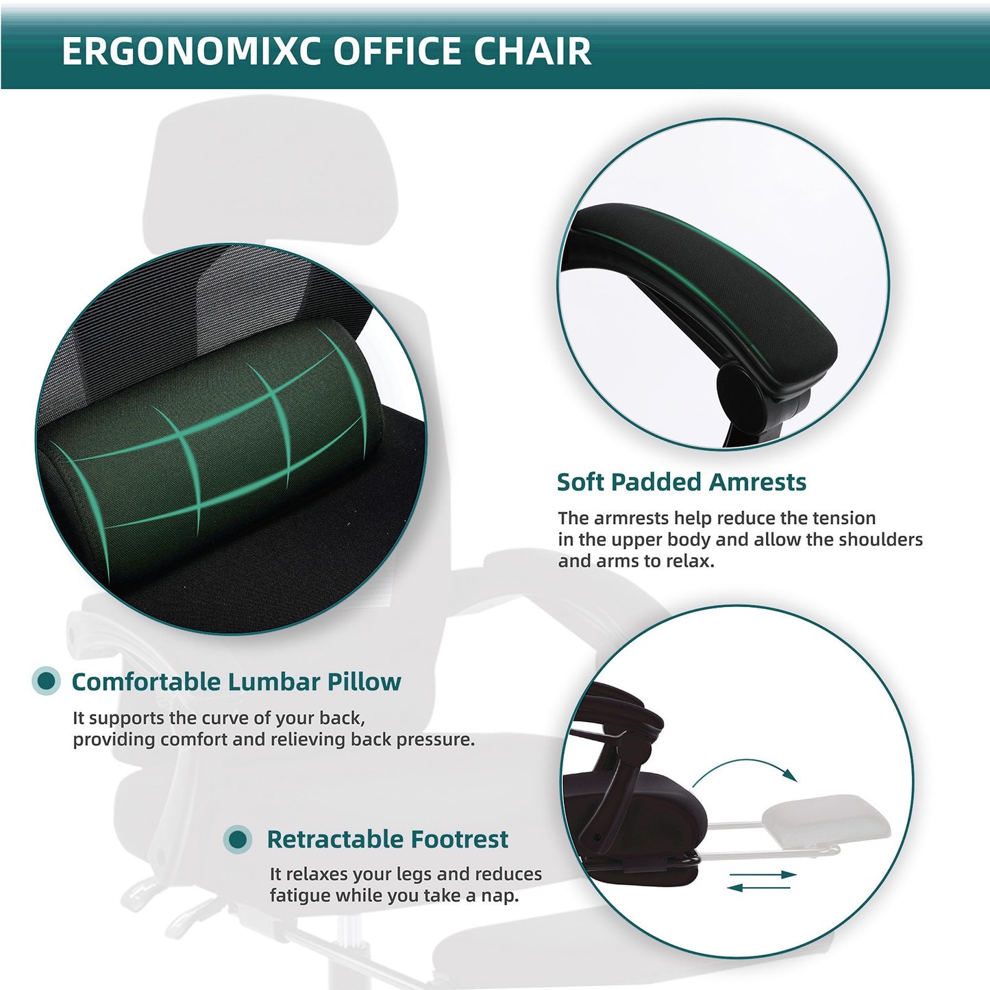 Home Office Desk Chair with Footrest and Headrest, High-Back Mesh Rolling Swivel Reclining Chairs with Wheels, Comfortable Headrest, Lumbar Support, Comfy Arms for Home, Office, Gaming, Student
