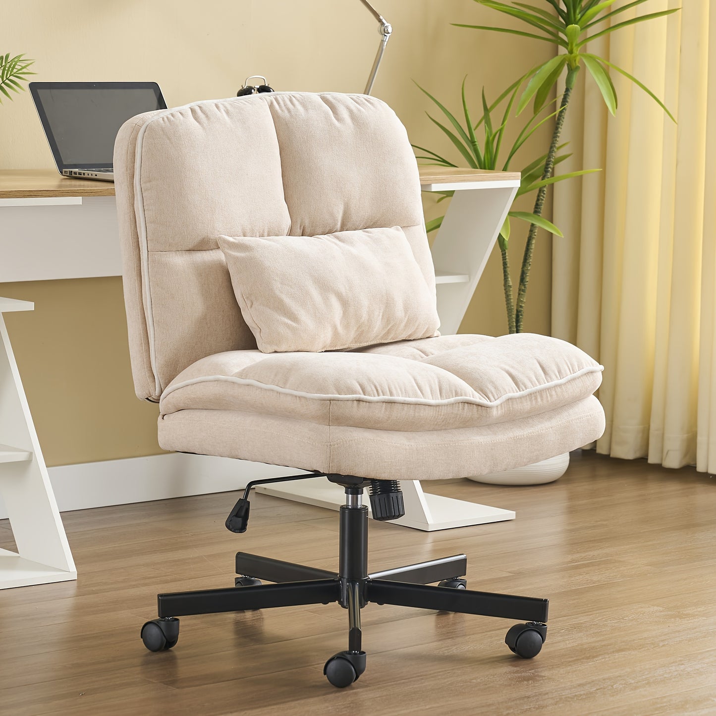 Armless Office Chair, Criss Cross Legged Desk Chair With Wheels, Modern Home Office Desk Chair With Thickened Cushion, Height Adjustable Swivel Fabric Computer Chair
