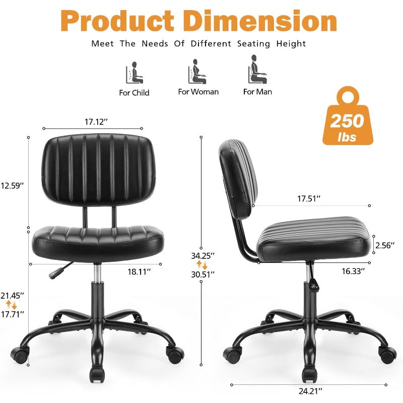 Small Office Desk Chair with Wheels Armless Comfy Computer Chair with Lumbar Support PU Leather Low Back Adjustable Height 360° Rolling Swivel Task Chair Without Arm for Home Bedroom
