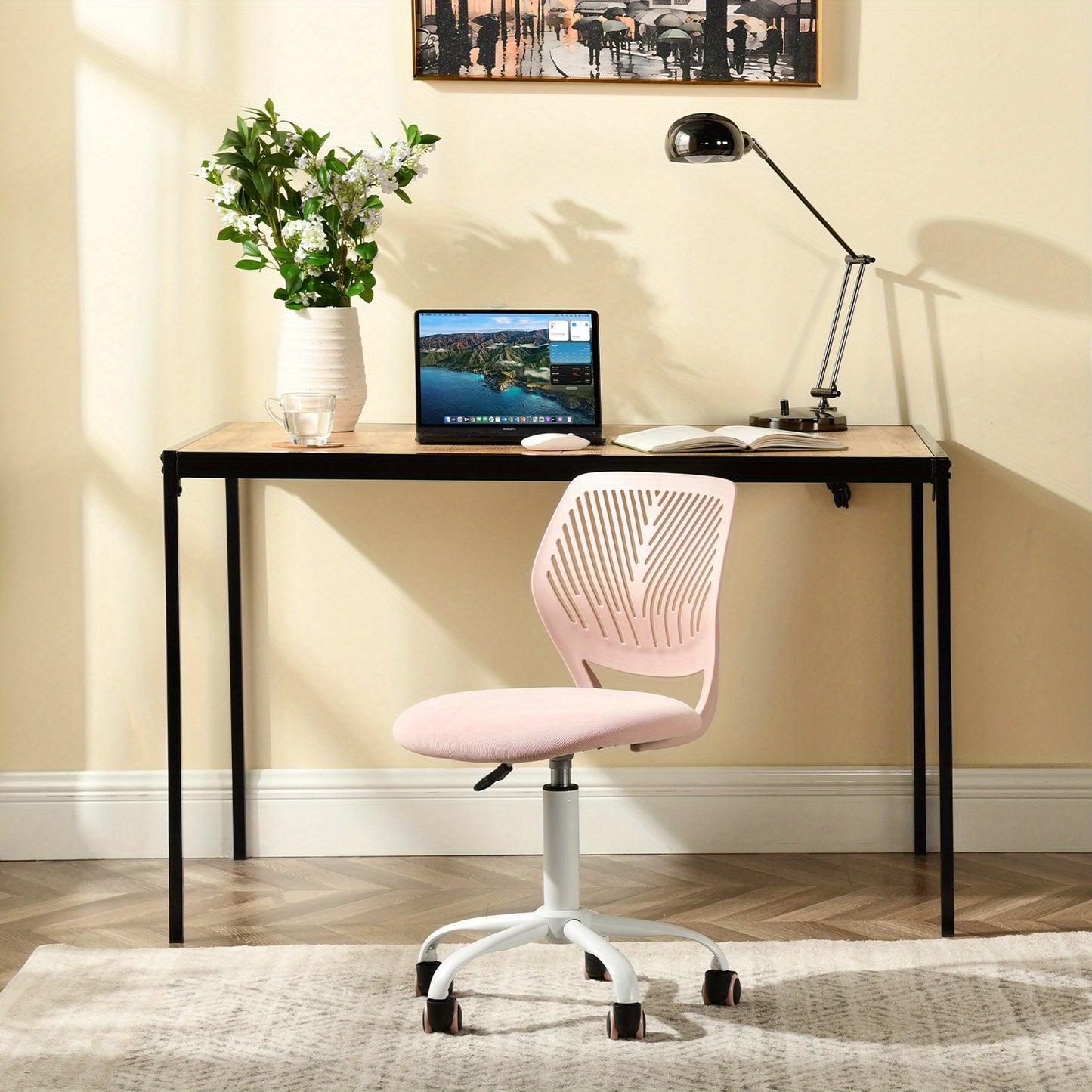 Homy Casa Pink Fabric Chair, Ergonomic Backrest, Thick Padded Seat, Swivel & Height Adjustable, Mobile Design for Home Office or Workspaces