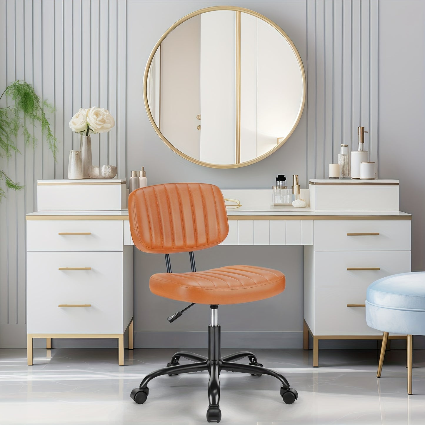 Edx Armless Home Office Chair Ergonomic Desk With Comfy Low Back Lumbar Support, Height Adjustable PU Leather Computer Task With 360° Swivel Wheels, For Small Space