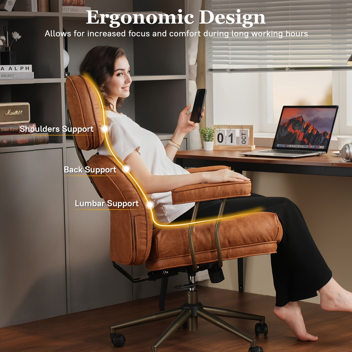 Elegant Style | Ergonomic Mid-Century Modern Suede Office Chair, High Back Adjustable Desk Chair with Padded Armrests and Lumbar Support, Stylish Executive Chair for Home Office, Brown Faux Leather-Like Finish with Metal Frame, HOOOWOOO