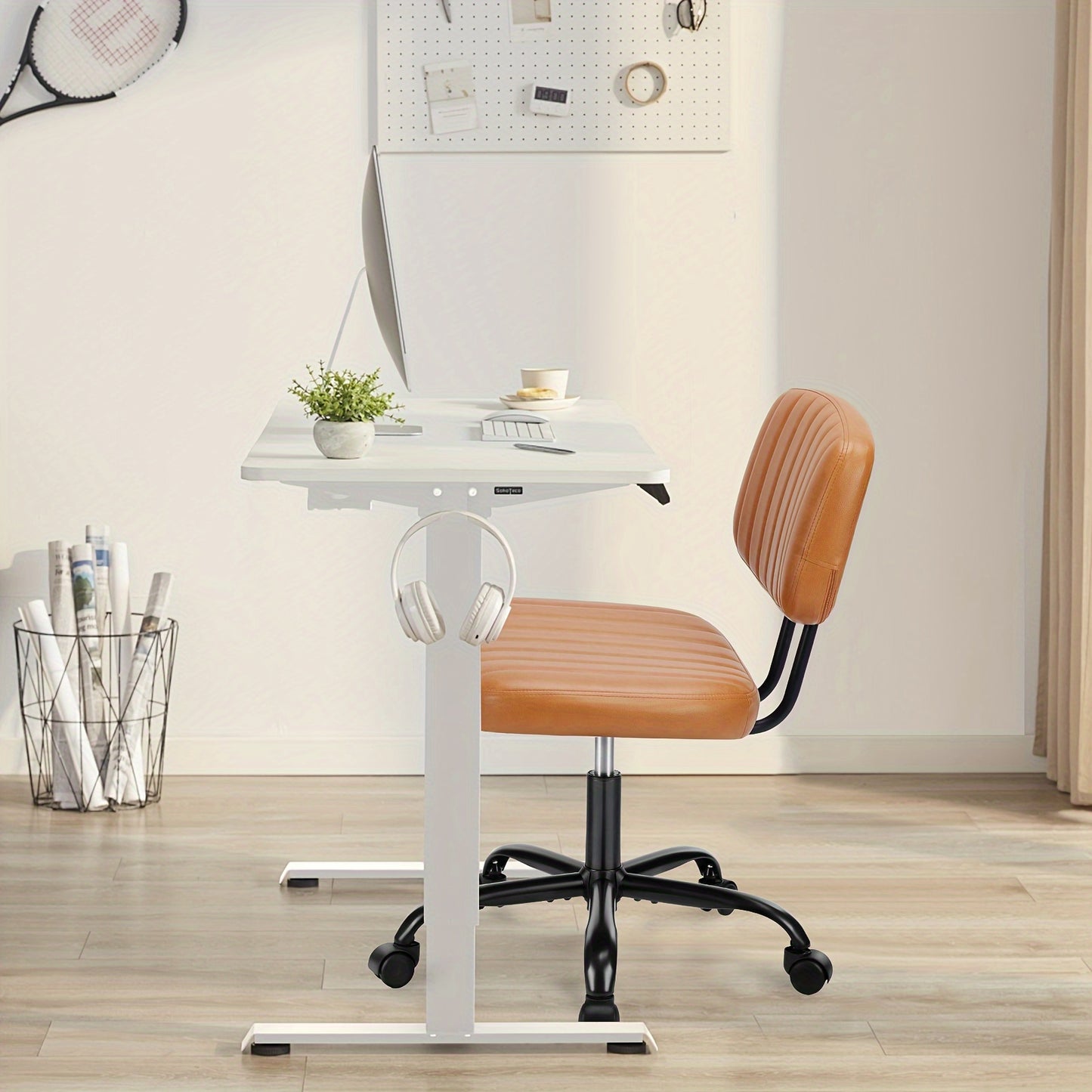 Armless Home Office Chair, Ergonomic Desk Chair with Wheels, Height Adjustable PU Leather, Comfy Low Back Lumbar Support - Brown