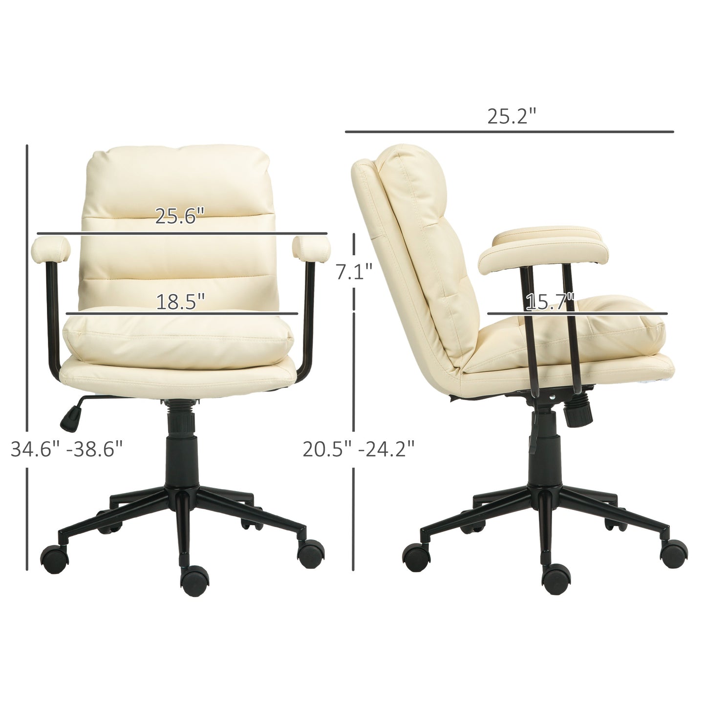 HOMCOM PU Leather Office Chair, Office Desk Chair, Task Computer Chair with Swivel Wheels, Adjustable Height, Double-tier Padded, Beige