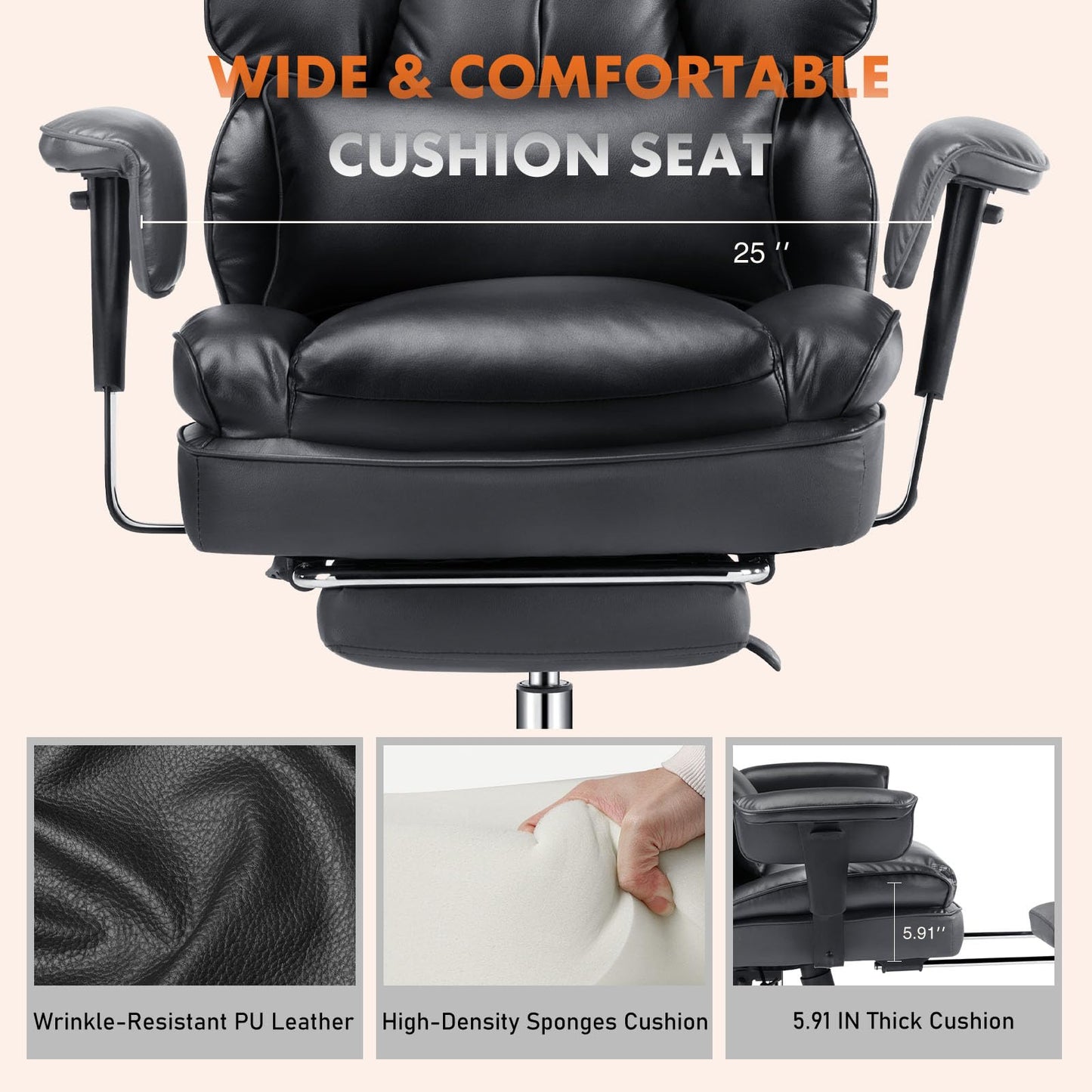 Home Office High Back Reclining Desk Chair with Footrest, Big and Tall Adjustable Height PU Leather Executive Computer Task Chair with Leg Rest and Lumbar Support, Armrest, White, Brown, Black