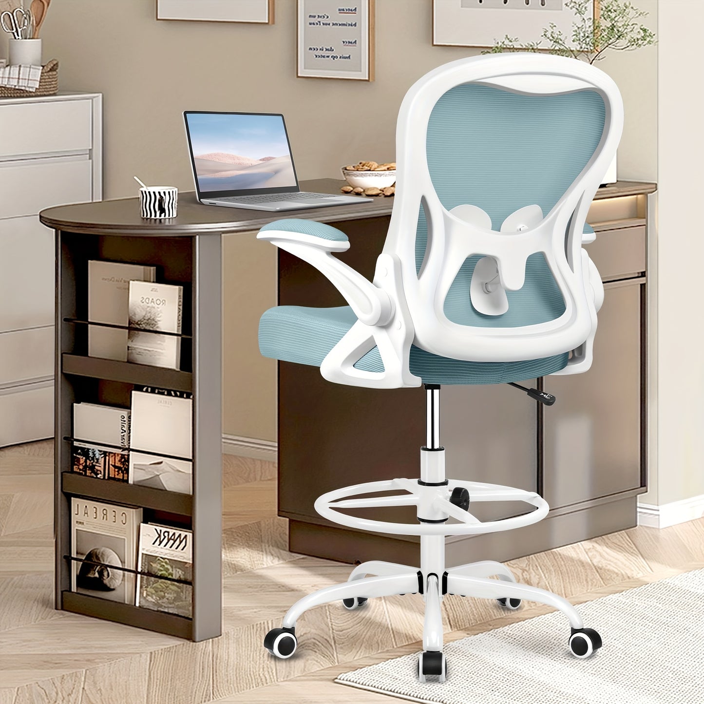 Actflame Drafting Chair Tall Office Chair With Flip-up Armrests Executive Ergonomic Computer Standing Desk Chair With Adjustable Lumbar Support And Adjustable Footrest Ring