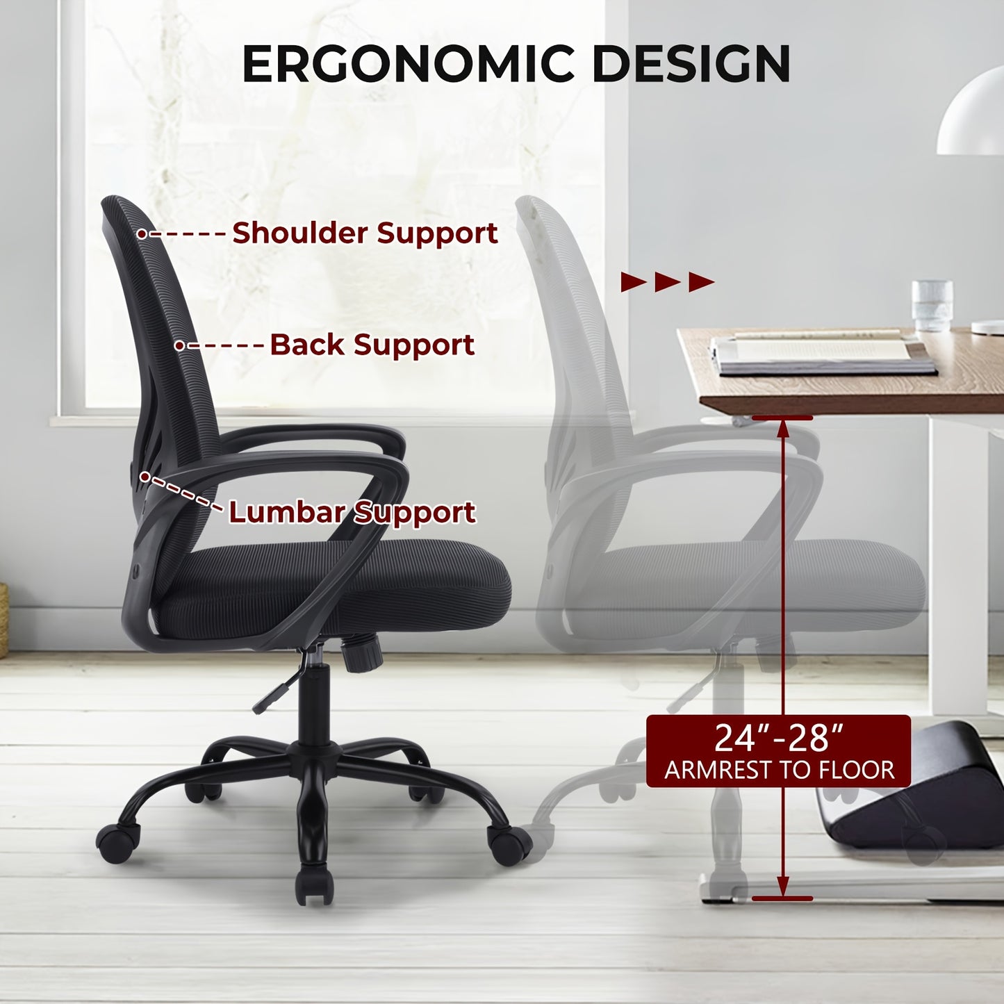 Ergonomic Office Chair, Mesh Home Office Chair, Lumbar Support, Height Adjustable, 360° Five-wheel Swivel Chair, Breathable Mesh Back & Comfortable Seat & Lumbar Support, Partner Chair For Office And Conference Room & Best Choice For Office People